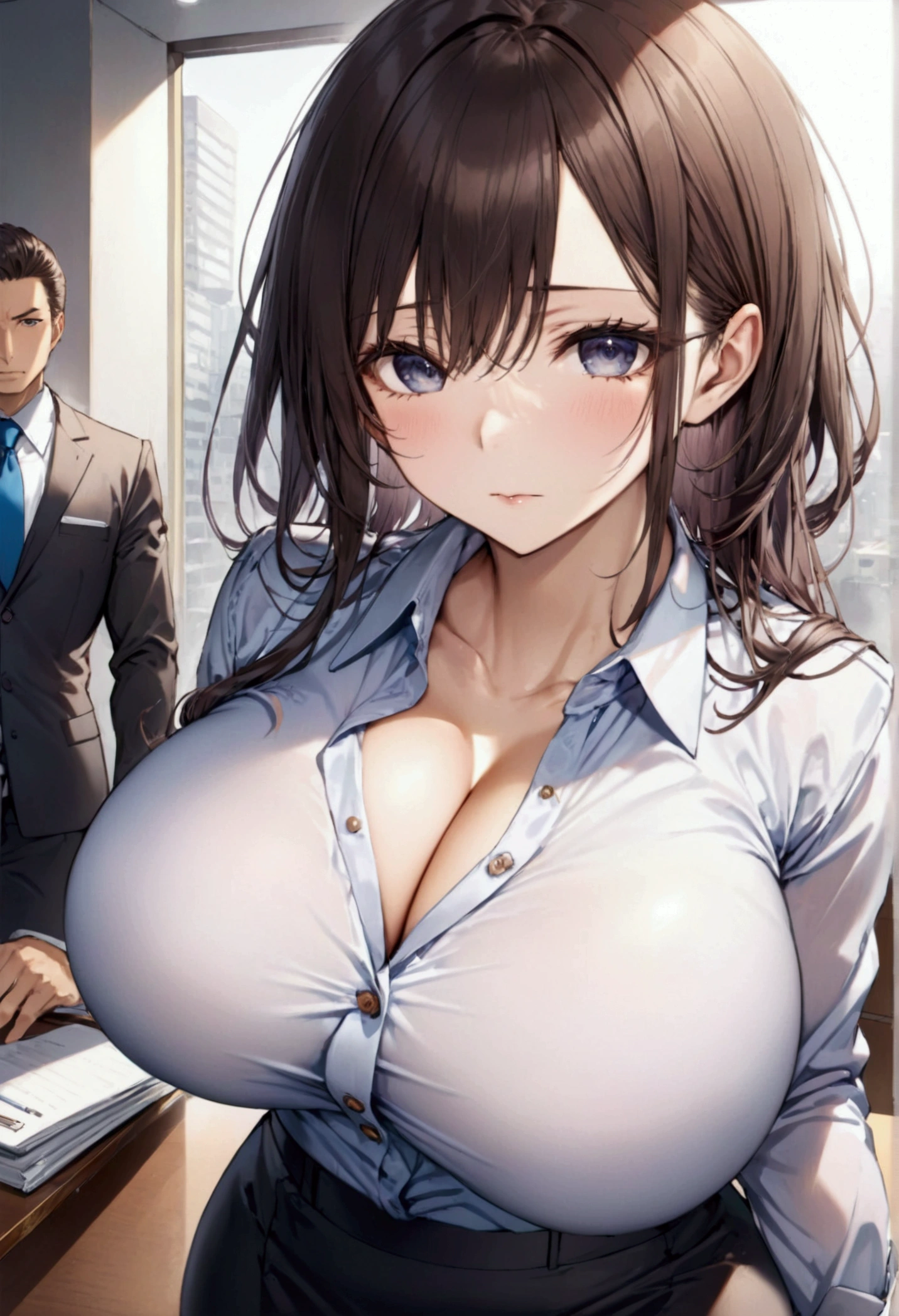 japanese lawyer, gigantic breasts, business suits, tight skirt, cleavage:-2, (buttoned shirts:1.3)