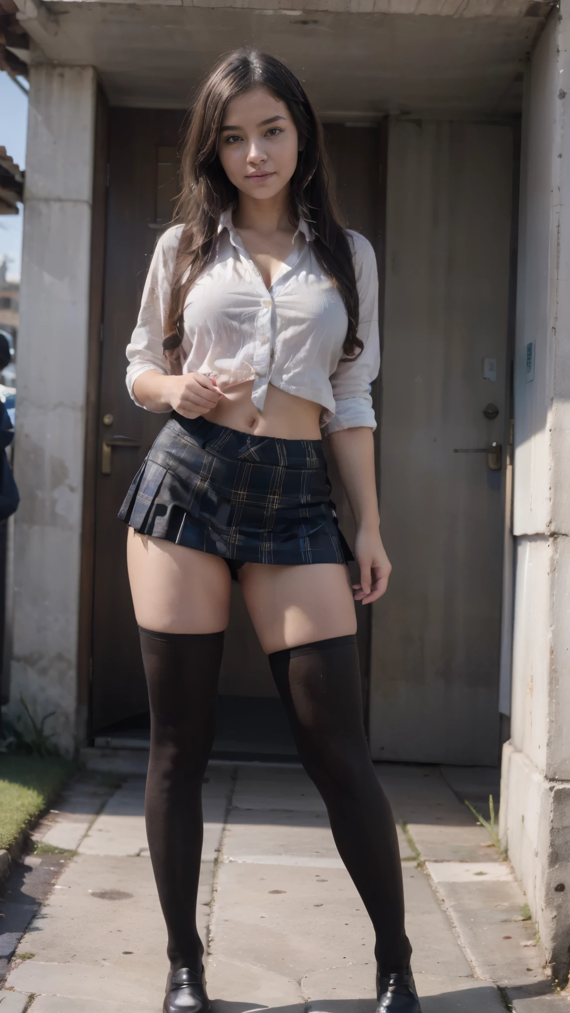(((There is one girl:1.5))),Gal,(((A tall high school girl with a model figure))),Perfect proportions,(Standing facing this),Full body photography,(wide thighs, Very long legs),Fleshy,Mid-chest,(((Cleavage))),Breast enlargement,swelling of the nipples,Unbutton your shirt,Loafer Asterpiece on the ground:1.3),((8k, Photorealistic:1.4,Surreal,RAW Photos, highest quality: 1.4,Ultra high definition,Super detailed)), Beautiful Face,(Realistic face),(Brown's shortcuts:1.3),Short Hair,Disheveled Hair,Fluffy hair,Detailed eyes,Realistic beautiful skin,Golden Ratio,Super cute,Open your mouth a little,smile,High school girl in summer clothes,White shirt,Sweaty,Wetty,(Wet shirt),See-through shirt,Light clothing,Surreal school girl,pleated micro mini skirt,Checkered micro mini skirt,Pleated miniskirt with tartan check,((I can see your panties!!)),pantyhose,(Black Stockings),((Knee-high stockings)),loafers,Esbian all over,High school girl wearing JK uniform,Sexy pose,Anatomically accurate body,Precisely drawn fingers,