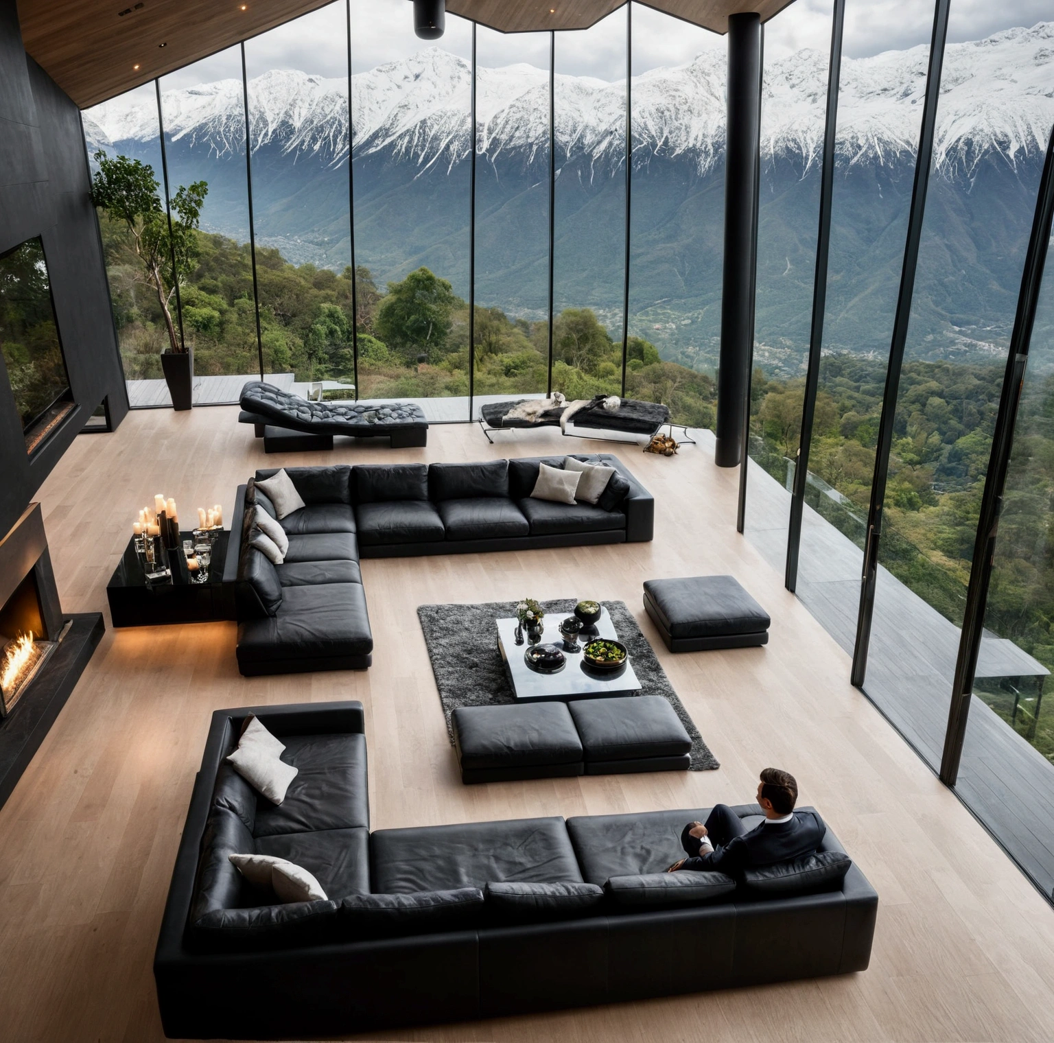 In the heart of a modern, luxurious home, an opulent bedrooms. Floor-to-ceiling windows frame breathtaking views of snow-capped mountains, bathing the dark, sleek interior in natural light. A black sectional sofa, plush and expansive, anchors the living area, facing a sleek black coffee table adorned with elegant glassware and candles. Adjacent to this, a pristine black sports car, possibly a Porsche, is parked on a polished wooden floor, embodying the epitome of luxury. A man in a suit stands beside the car, adding a touch of human interaction to the scene. Overhead, a mezzanine level features additional seating and a modern, suspended fireplace, contributing to the overall ambiance of warmth and exclusivity. The minimalist design, dominated by dark tones and clean lines, is enhanced by integrated, subtle lighting, creating an atmosphere that is both dramatic and inviting. This is a sanctuary where modern architecture meets automotive excellence, set against the stunning backdrop of nature’s grandeur. space should be big. huge villa. no people in the picture.