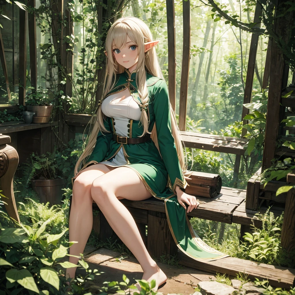 elf, long hair, medium breasts, sitting, indoors, forest, dress