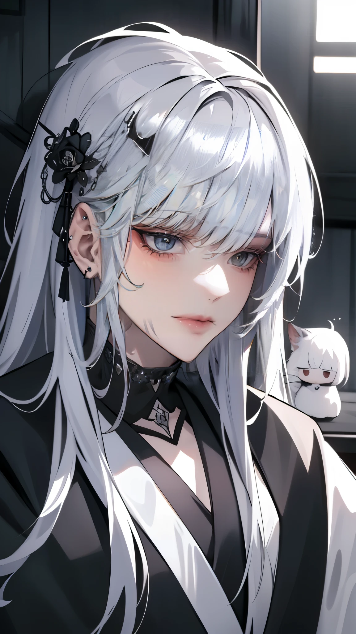 One Beautiful girl、unique long hairstyle 、 silver hair color , Grey eyes、small face、anime makeup、"A girl with a cute and androgynous face"、white skin、cute eyes、Very thin eyebrows、tall、stylish black gothic fashion、stylish outfits 、、19 years old、Japanese-Korean half girl、Has a languid look、anger、Lower the corners of your mouth with no expression on your face、Photographed from the side diagonally、model photoshoot、masterpiece、highest quality、high resolution、luxurious 、glaring expression、korean makeup 、Cool photos、blurred black filter、Various poses、rich , handsome girl