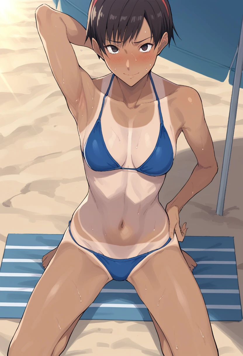 score_9, score_8_up, score_7_up, source_anime, rating:general, masterpiece, best quality, 1girl, blue bikini, bikini, kneeling, arm behind head, hand on own hip, looking at viewer, facing viewer, blush, embarrassed, light smile, beach, sunlight, sweat, dark skin, tan, tanline, dark skinned female