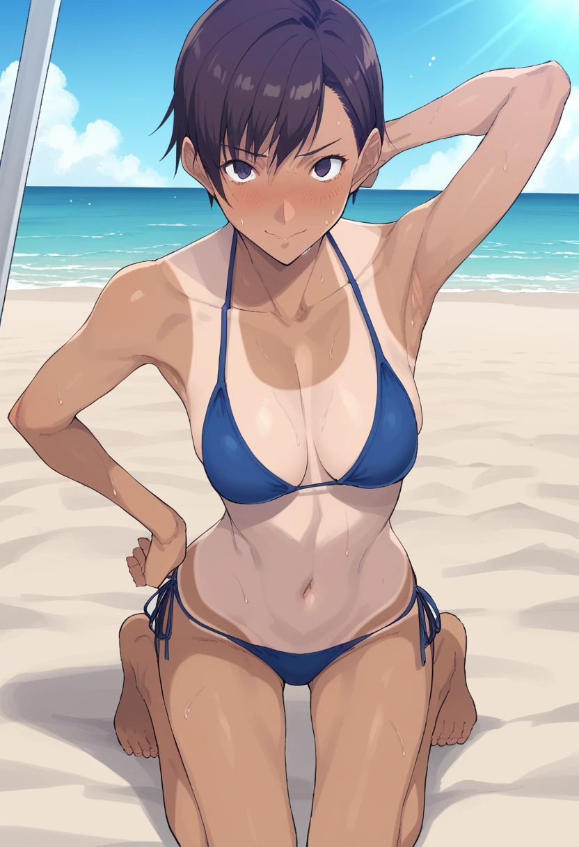 score_9, score_8_up, score_7_up, source_anime, rating:general, masterpiece, best quality, 1girl, blue bikini, bikini, kneeling, arm behind head, hand on own hip, looking at viewer, facing viewer, blush, embarrassed, light smile, beach, sunlight, sweat, dark skin, tan, tanline, dark skinned female