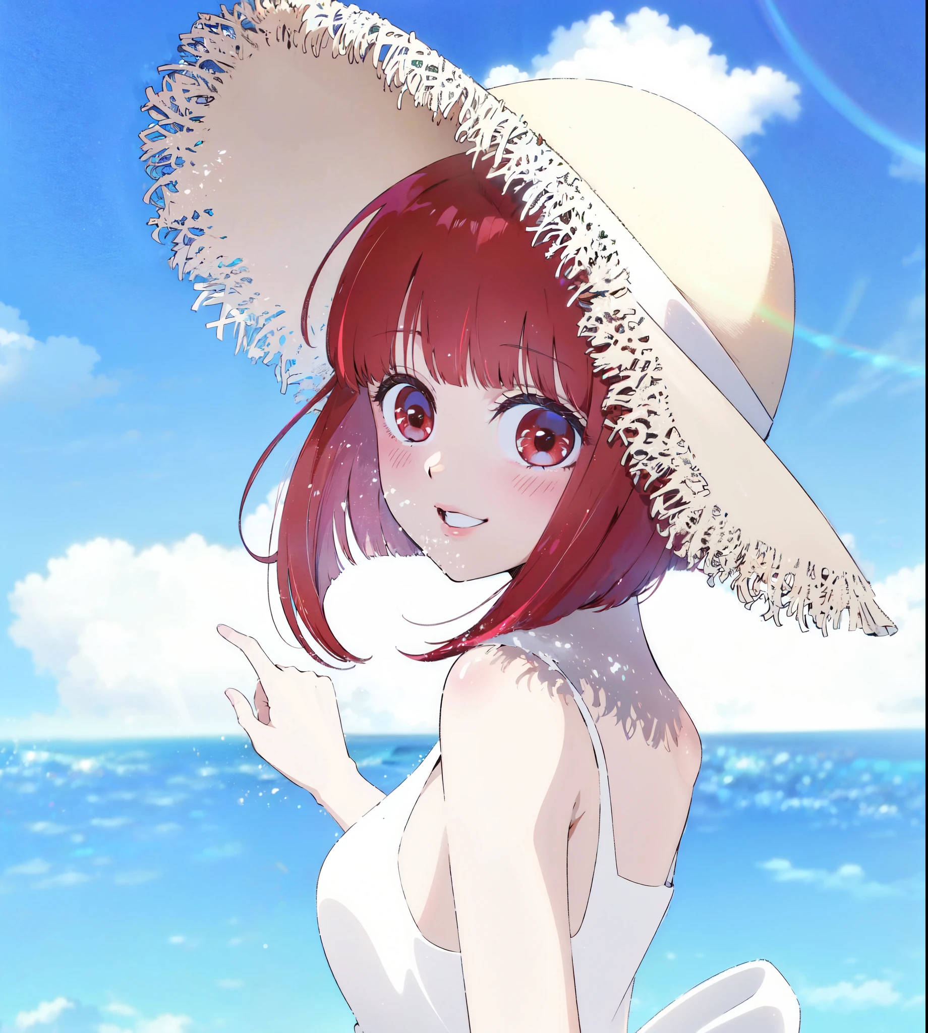 Best quality, masterpiece, ultra high res, (photorealistic:1.4), raw photo, 1girl, white wimsuit, sea, glowing skin, light smile, arima kana, red short hair, red eyes