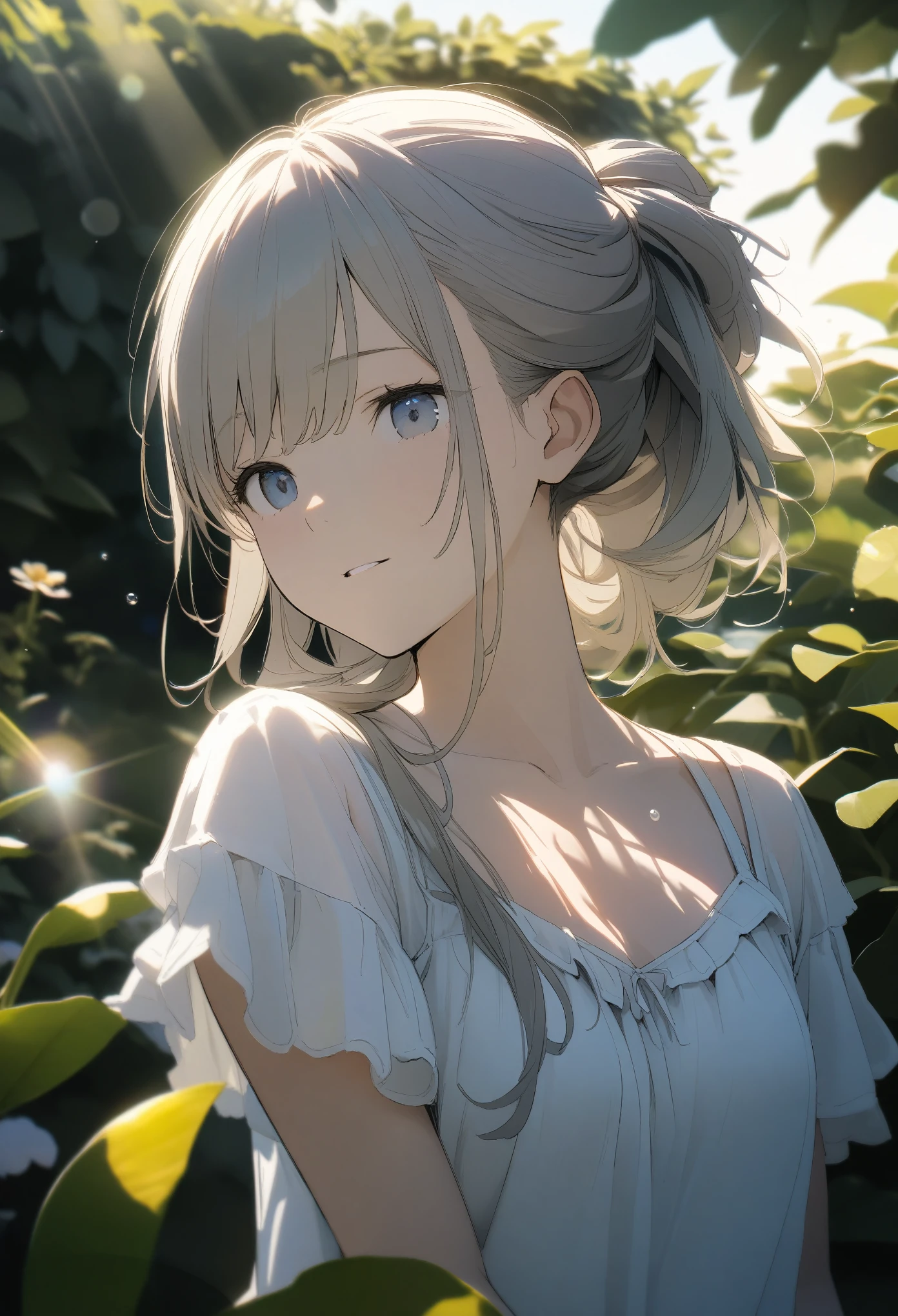 A 16-year-old girl, ((Summer clothes))、(Inner color hairstyle), Beautiful Hair, Facial Contour, Remember, garden, sunlight、splash, Lens flare,, Natural Color, High resolution, Very delicate, Very detailed, 8k,(There is swelling of the breasts、About B cup)、Shyness,((Sexual))