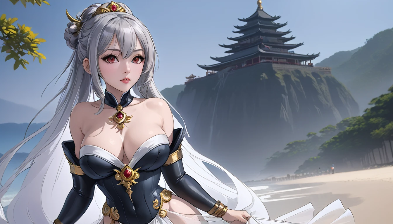 穿着华服的神明Strike a pose拍照, Ancient mysterious sexy goddess, Traditional beauty woman, Beautiful female warrior god of war , Beautiful sexy goddess, Gorgeous role-playing, high, Beautiful young girl, Beautiful woman, 华丽Beautiful woman, Complex clothing,Chinese Mystical Aesthetics, Beautiful Asian ancient mysterious girl, Extremely detailed shot of the goddess, Jaw-dropping sexy beauty, Big breasts deep neckline sexy belly button（butt), (bedroom), (Sexy Girls), masterpiece, best quality, Bangs, blush, Chest, clavicle, Eyebrows visible through hair, (Gradient red and gold hair), Jewelry, Long hair,Bright Eyes, ring, (solitary), illustration, fashionable, miss, Strike a pose, background, element, confident, Express, Accessories, majestic, striking, key point, Dynamic poses, ((plump)), (black))Woman in transparent dress,Viewer,(((Full breasts, Keeley University))),Slim waist,(Navel exposed,Bare waist), Long hair, extreme detailed details, Detailed fantasy art, Stunning character art, Beautiful and exquisite character art, Beautiful transparent dress, Very detailed, Large Breasts，饱满Chest，Golden ratio figure，Perfect body，Ultra wide-angle shooting，Full body shot拍摄，Body close-up，Full body shot，Wearing a pleated tulle skirt，柔和动漫illustration, 柔和的深色background，Fujifilm XT3 Clear focus, f 5.6, High Detail, Clear focus,(Wearing openwork clothing),, (Natural light), (Tempting)translucent, Good velvet quality, Compared, Divine Light,, Silver hair, 天空background, Absolute Strength,Female Shinmei，穿着性感丝绸的Female Shinmei,，Large Breasts，饱满Chest，Golden ratio figure，Perfect body，Ultra wide-angle shooting，Full body shot，Body close-up，Full body shot， Wearing a tulle dress, Model shooting style, Large Breasts，饱满Chest，Golden ratio figure，Perfect body，(Extremely detailed CG 8k wallpaper unit), The most beautiful artistic photos in the world, , 8K Ultra HD, ) on the beach，Sexy lazy posture，Sexy seductive expression，best quality,masterpiece,Ultra-high resolution,(Practical:1.4),original photo,Ultra-high resolution
