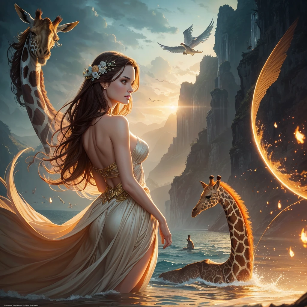 golden hour, front view oil painting of a woman with face of Winona Ryder morphed with Angelina Jolie laughing with gigantic hairdo floating on water, giraffe emerges from water in the background, tears of joy, storks, stunning digital illustration, beautiful fantasy art portrait, a beautiful artwork illustration, charlie bowater rich deep colors, artstyle tom bagshaw, beautiful digital illustration, beautiful fantasy portrait, portrait of a dark fantasy nymph, exquisite digital illustration, in style of anna dittmann