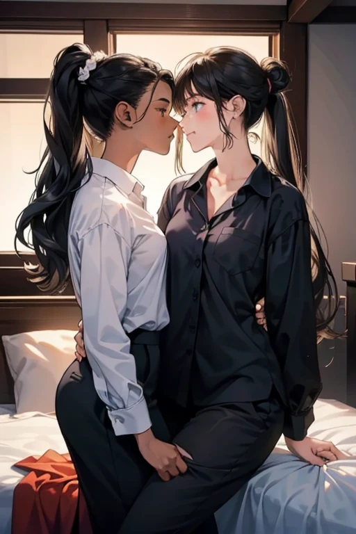 Two women kiss each other, novel cover, in front of friends. Inspiration from 23.5 degrees the earth is tilted Black woman with ponytail wearing black pajamas Young woman with long hair tied in a bun wearing work clothes  