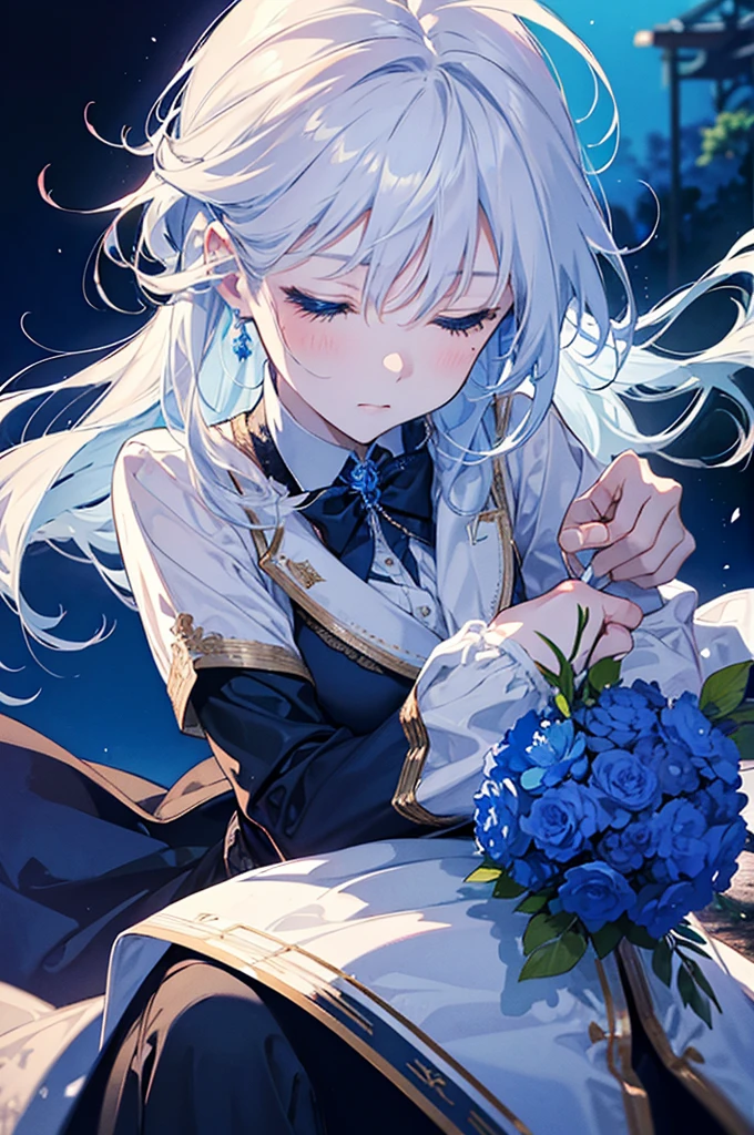 Create a realistic, photograph-style image of a couple sharing a tender kiss. The boy should have striking white hair, dressed in a crisp white t-shirt and stylish white blazer, while the girl should have flowing brown hair, wearing an elegant and soft outfit. Capture their close, intimate moment with their eyes gently closed. Set the scene with a beautifully blurred background of blue flowers and subtle, glowing light, mimicking the depth and warmth of a high-quality photograph. The overall effect should be romantic and captivating, reminiscent of a cherished, real-life moment.