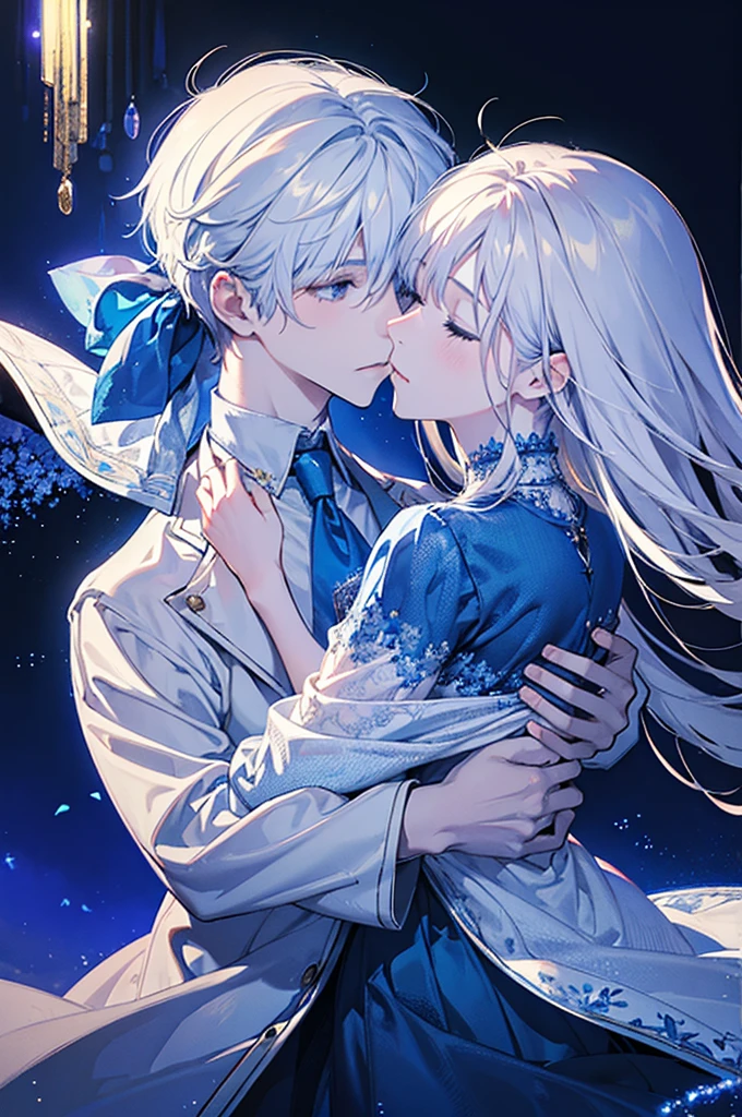 Create a realistic, photograph-style image of a couple sharing a tender kiss. The boy should have striking white hair, dressed in a crisp white t-shirt and stylish white blazer, while the girl should have flowing brown hair, wearing an elegant and soft outfit. Capture their close, intimate moment with their eyes gently closed. Set the scene with a beautifully blurred background of blue flowers and subtle, glowing light, mimicking the depth and warmth of a high-quality photograph. The overall effect should be romantic and captivating, reminiscent of a cherished, real-life moment.