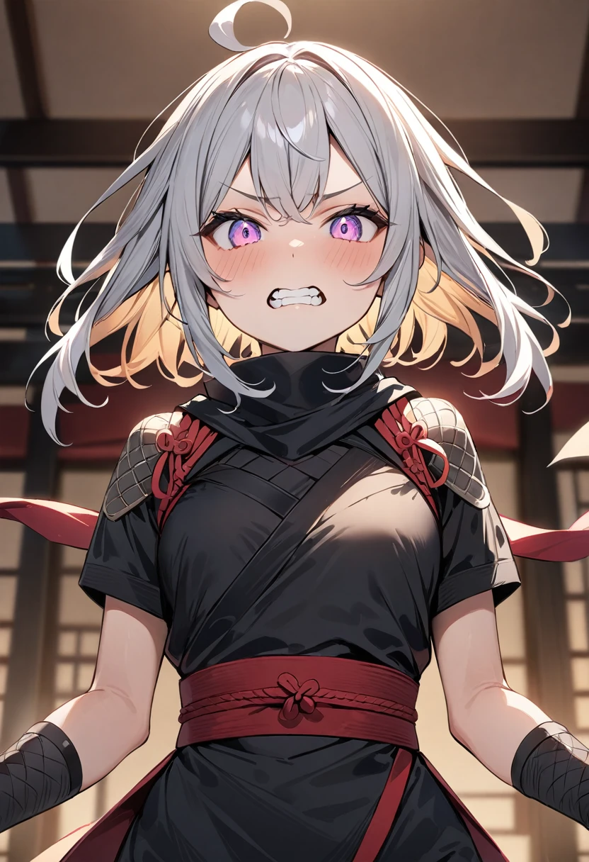 (masterpiece, top quality, very aesthetic, 4k、illustration), intricate detail, 1woman,Standing 、(upper body)、clenched teeth、(),Cute 、、Random Hair Color、,middle hair,sidelock ,Random Color　eyes、ninja clothes、small 、Slim 、