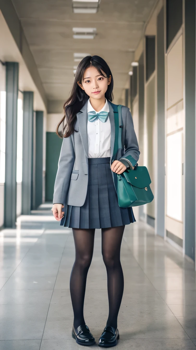 K、flying debris、(RAW Photos:1.4)、High resolution、((Composition away from the subject))、((Full body photo from face to ankles))、((Perfect Anatomy))14 years old、Small stature、、Glowing Skin、Baby Face、double eyelid、eyes with long eyelashes、、smile、Beautiful teeth alignment、Background is a school hallway、、middle School girl、Blue and grey school bag on shoulder、Slender and delicate body、、A blazer uniform with green lines、girl 、Check skirt、healthy、young woman、（black tights、black tights）、loafers、Full Body Shot、Beautiful Hairstyles、Accentuates very slim legs
