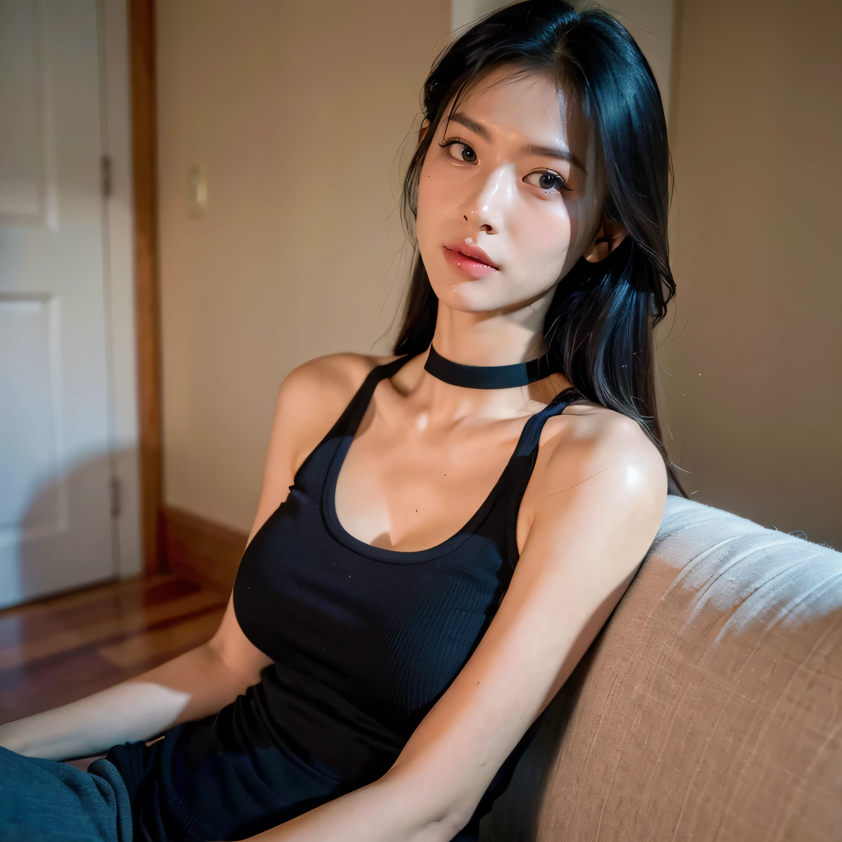 best quality, ultra high res, (photorealistic:1.4), pretty girl, tanktop black shirt, black tight skirt, black choker, (faded ash gray hair:1), medium breasts, looking at viewer, closeup, (pretty face) , southeast asia girl. 