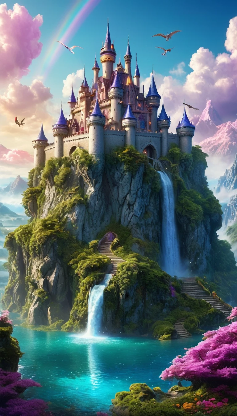 A fantasy landscape, magical castle, floating islands, mythical creatures, dragons, unicorns, beautiful detailed eyes, beautiful detailed lips, extremely detailed eyes and face, long eyelashes, intricate details, stunning lighting, vibrant colors, dreamlike, cinematic, (best quality,4k,8k,highres,masterpiece:1.2),ultra-detailed,(realistic,photorealistic,photo-realistic:1.37),fantasy art, digital painting, concept art