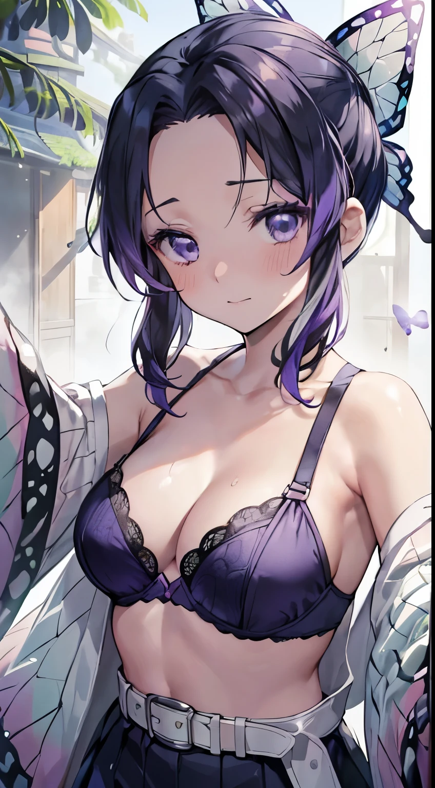 team uniform, Small breasts, Purple bra, , side, Ultra-realistic 8K CG,masterpiece,((Highly detailed background,Delicate pattern,Intricate details)),The best quality in the best condition,とてもとてもとても詳細なface,(((Outdoor))), mysterious, (((Extremely Shy,))), , ((((Selfie)))), Highly detailed eyesとface,Highly detailed eyes,kochou shinobu,Multicolored Hair,No bangs,Hair Intake,team uniform, Purple eyes,Haori,butterfly,band,(熱band庭園:1.2),Purple Flower,mostly cloudy null,Light of the sun,Tyndall effect,slope_null,face,beautiful null,Sabre on waist,Seductive posture,(Large Breasts:1.3),(Cleavage:1.3),(Off-the-shoulder outfit:1.6)