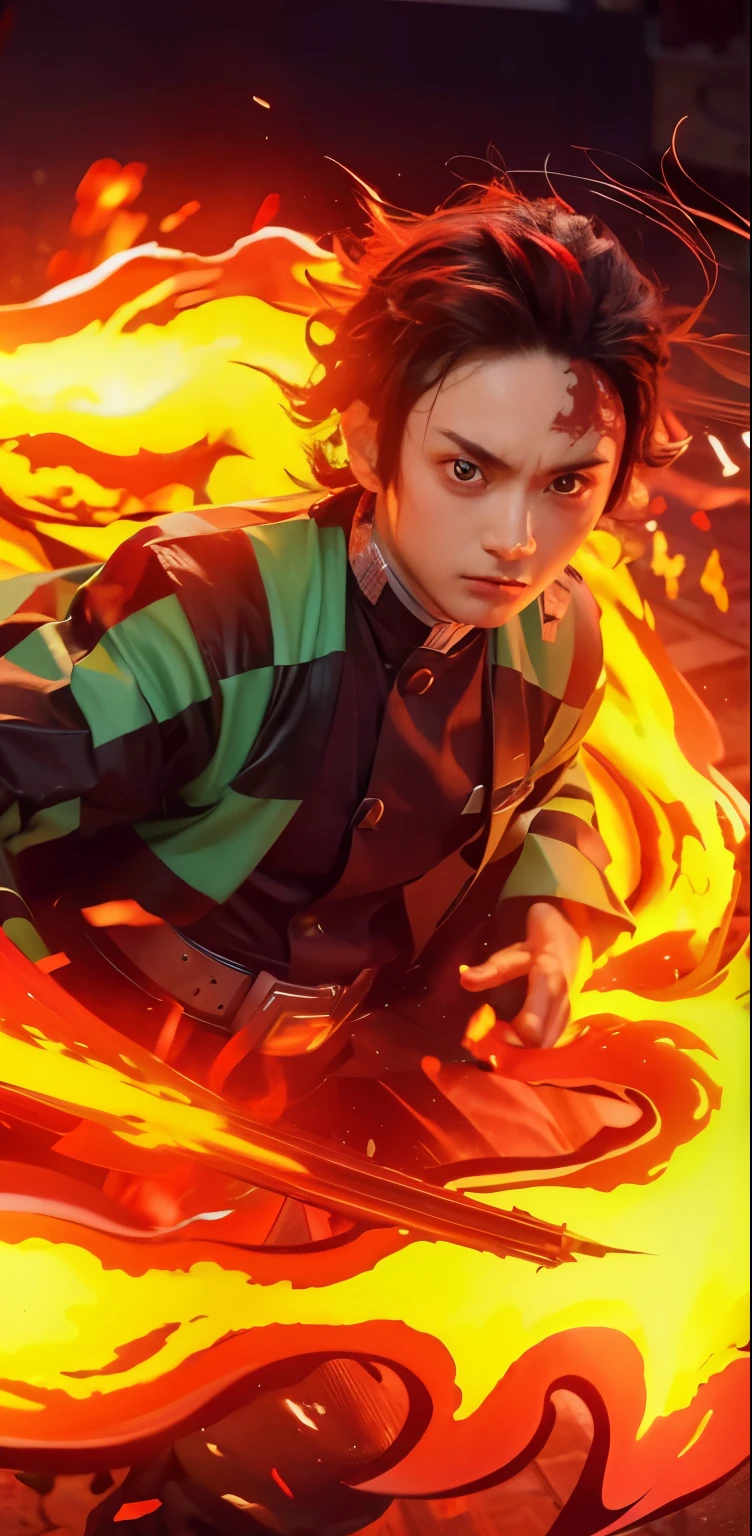 Kamando tanjiro, demon slayer, detailed hand, detailed face:1.4, detailed eyes:1.4, fire effect:1.5, chinematic light effect, ultra-realistic, ultra-detailed, bestquality, masterpiece.