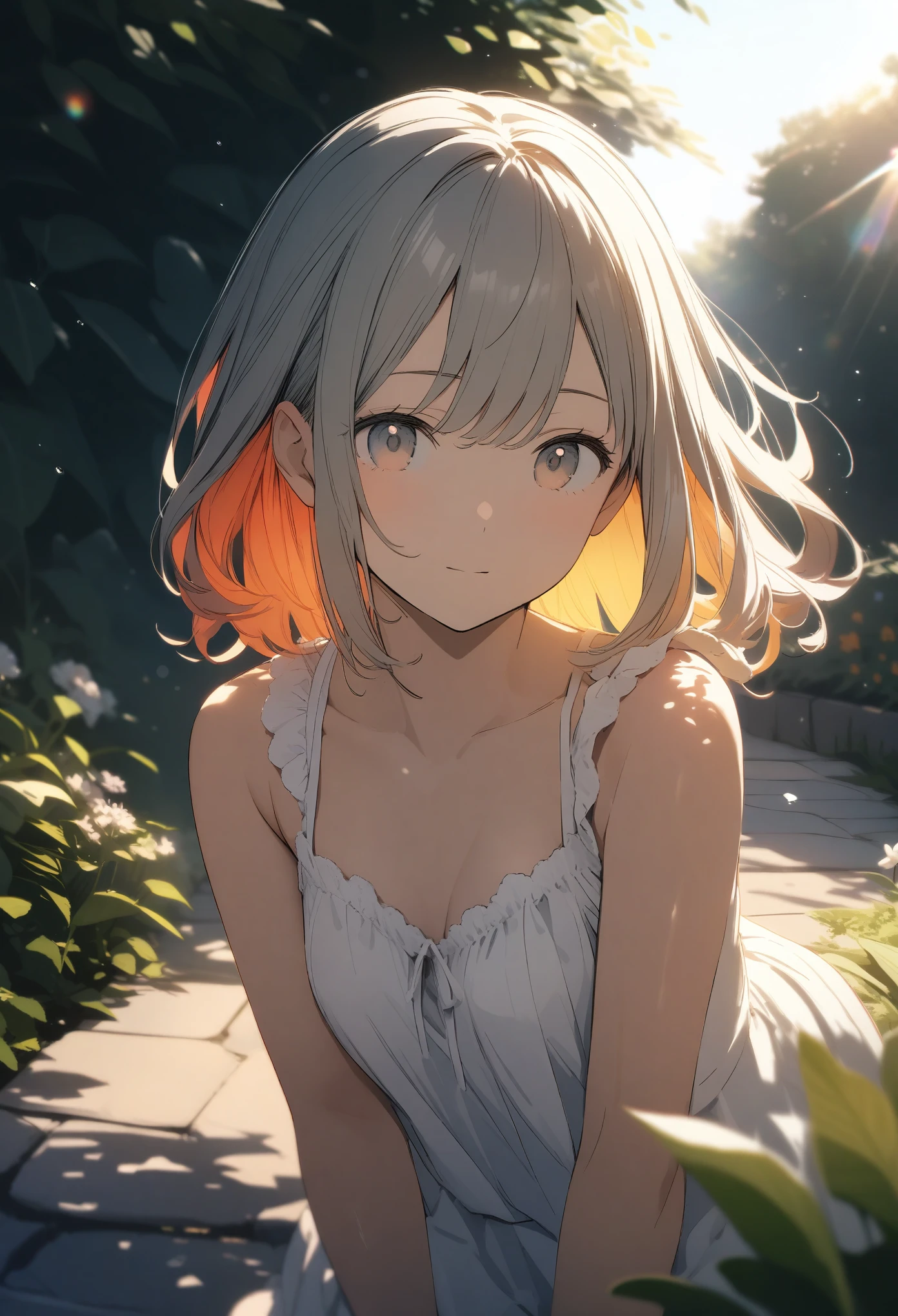 A 16-year-old girl, ((Summer clothes))、(Inner color hairstyle), Beautiful Hair, Facial Contour, Remember, garden, sunlight、splash, Lens flare,, Natural Color, High resolution, Very delicate, Very detailed, 8k,(There is swelling of the breasts、About B cup)、Shyness,((Sexual))