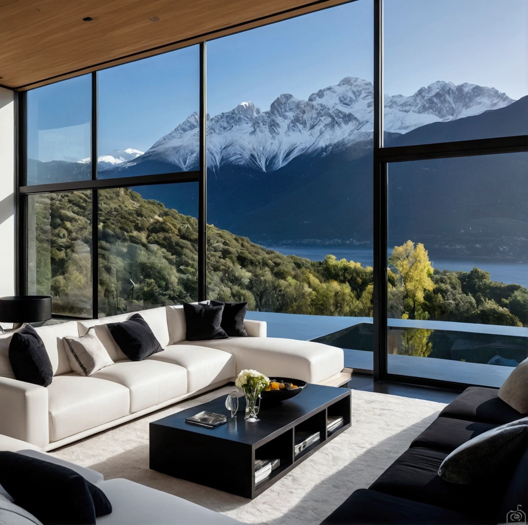 In the heart of a modern, luxurious home, an opulent bedrooms. Floor-to-ceiling windows frame breathtaking views of snow-capped mountains, bathing the dark, sleek interior in natural light. A black sectional sofa, plush and expansive, anchors the living area, facing a sleek black coffee table adorned with elegant glassware and candles. The minimalist design, dominated by dark tones and clean lines, is enhanced by integrated, subtle lighting, creating an atmosphere that is both dramatic and inviting. This is a sanctuary where modern architecture meets automotive excellence, set against the stunning backdrop of nature’s grandeur. space should be big. huge villa. no people in the picture.