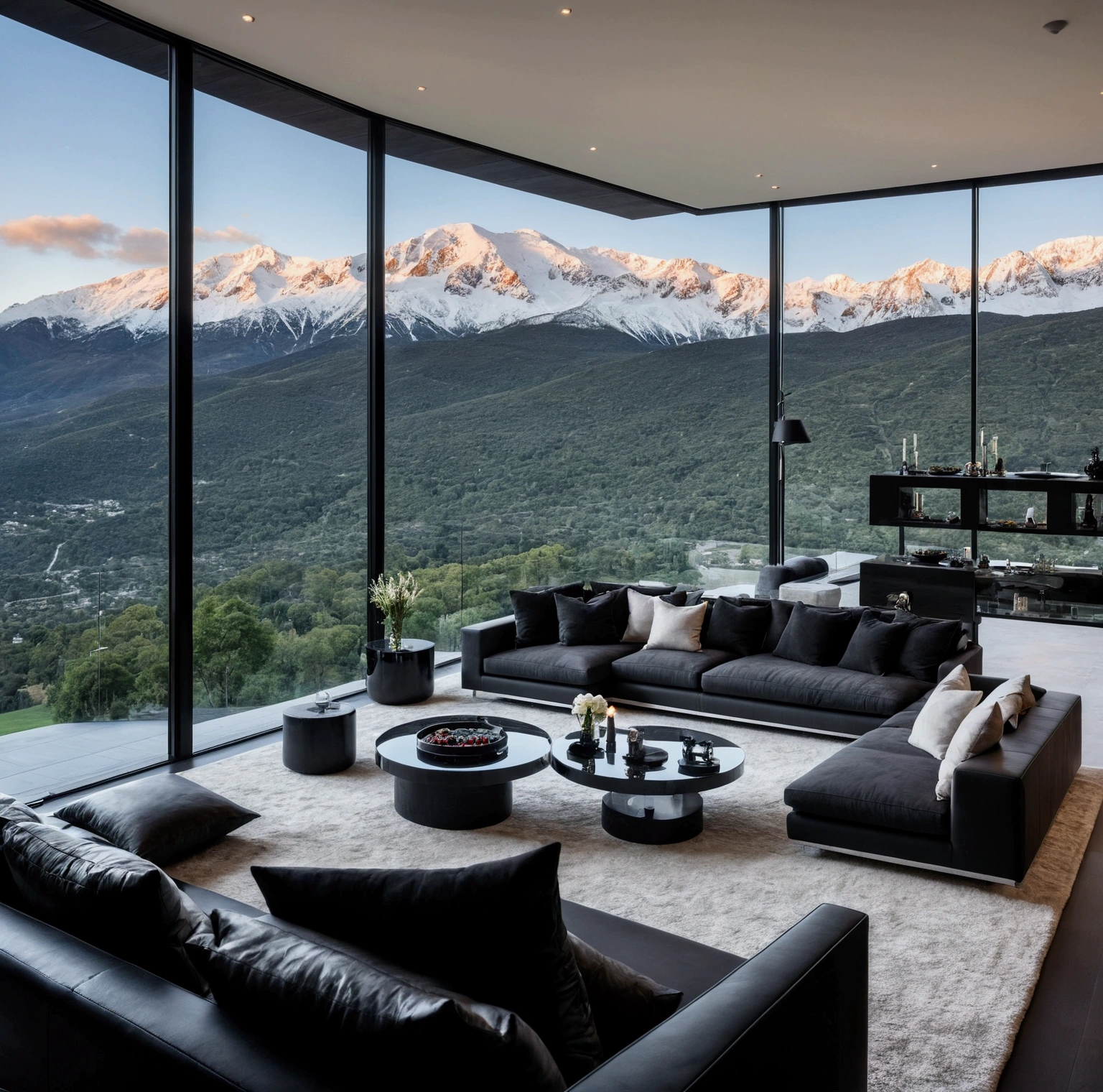 In the heart of a modern, luxurious home, an opulent bedrooms. Floor-to-ceiling windows frame breathtaking views of snow-capped mountains, bathing the dark, sleek interior in natural light. A black sectional sofa, plush and expansive, anchors the living area, facing a sleek black coffee table adorned with elegant glassware and candles. The minimalist design, dominated by dark tones and clean lines, is enhanced by integrated, subtle lighting, creating an atmosphere that is both dramatic and inviting. This is a sanctuary where modern architecture meets automotive excellence, set against the stunning backdrop of nature’s grandeur. space should be big. huge villa. no people in the picture. 