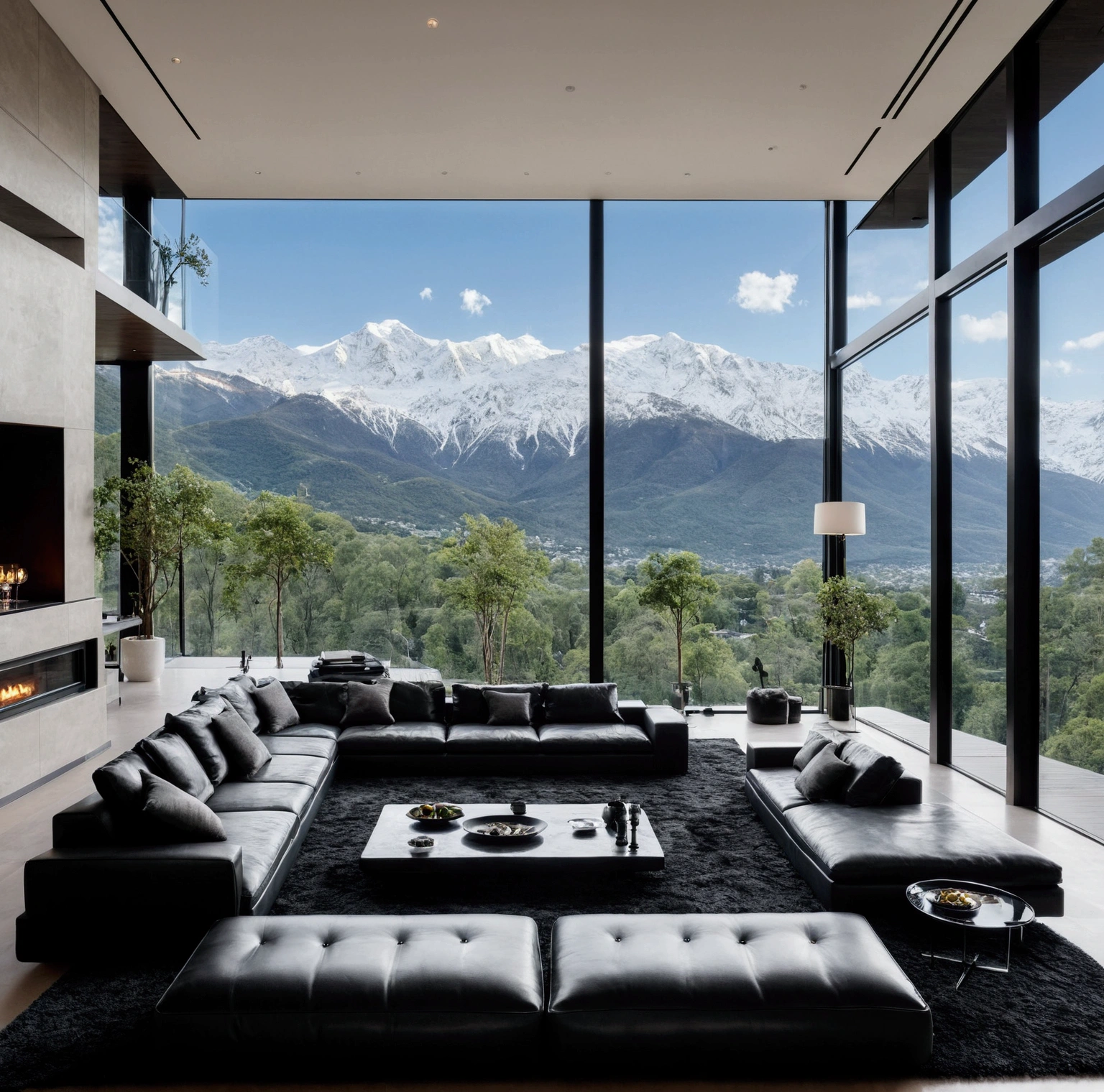 In the heart of a modern, luxurious home, an opulent bedrooms. Floor-to-ceiling windows frame breathtaking views of snow-capped mountains, bathing the dark, sleek interior in natural light. A black sectional sofa, plush and expansive, anchors the living area, facing a sleek black coffee table adorned with elegant glassware and candles. The minimalist design, dominated by dark tones and clean lines, is enhanced by integrated, subtle lighting, creating an atmosphere that is both dramatic and inviting. This is a sanctuary where modern architecture meets automotive excellence, set against the stunning backdrop of nature’s grandeur. space should be big. huge villa. no people in the picture.