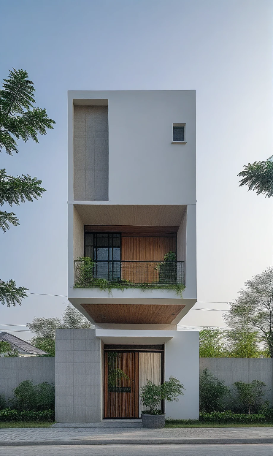 RAW photo, a photo of a modern house, (curvilinear chrchitecture:1.4), Wabisabi style rounded wall, white wall, steel dark gate, sidewalk, sidewalk trees, ((grey gate:1.2)), road, viet nam modern residence, ((architectural shot)), rough white wall, new residential area, wide angle exterior 2022, contemporary house, exterior photography, masterpiece, contemporary architecture, overcast, indirect lighting