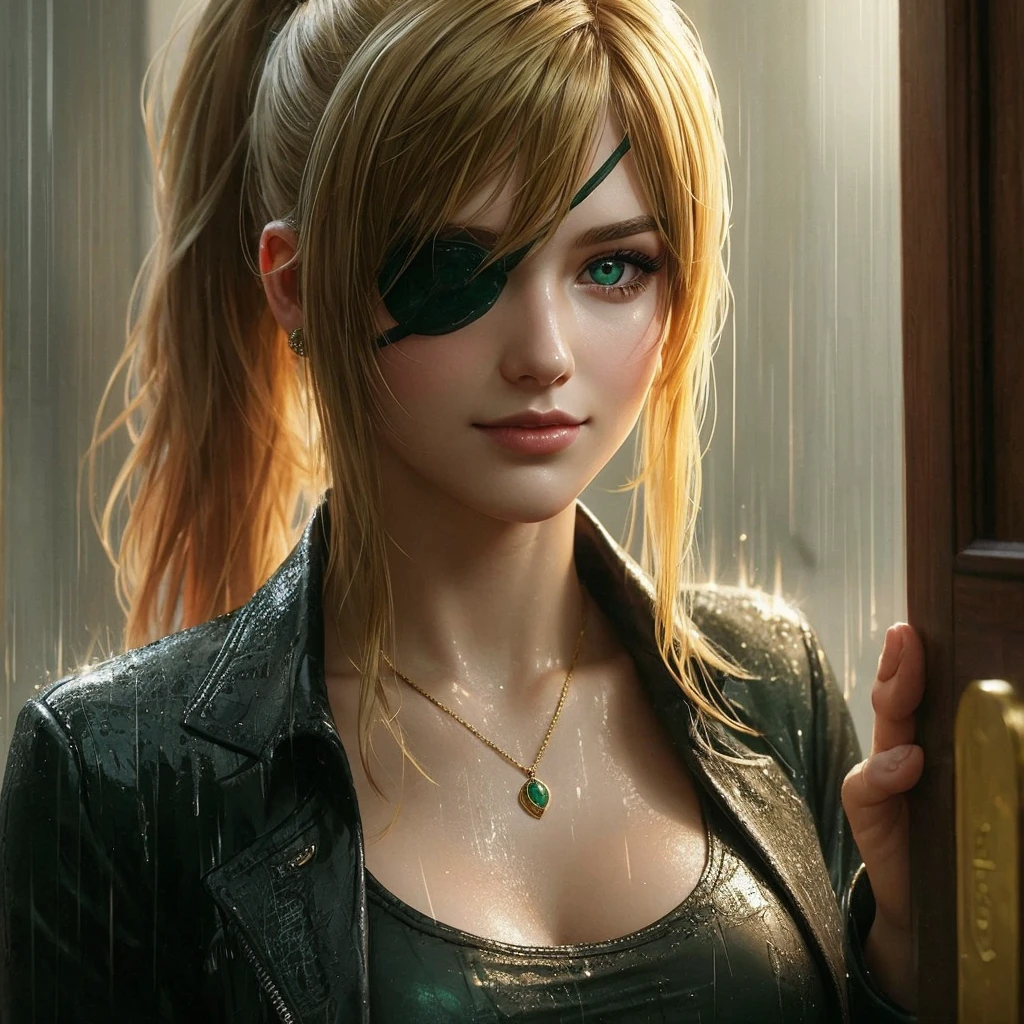 Young woman, 25 years old, gold hair , emerald green eye , strong