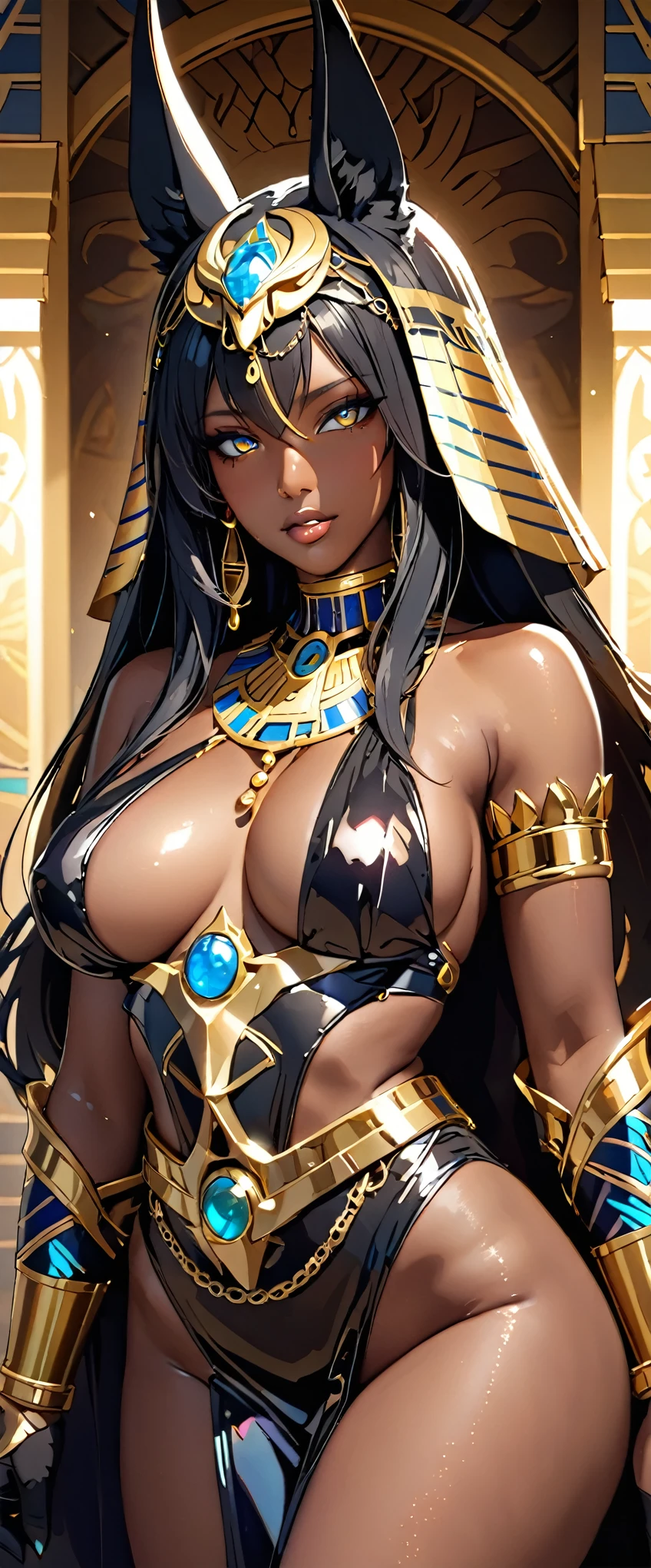 (masterpiece:1.2, Highest quality,Highest quality,Super detailed),8k,Wallpaper Female Anubis God,(Detailed face,Beautiful Face,Beautiful Skin,Dark Skin,Beautiful Hair),(Functional),(Revealing outfits),(Shining Jewelry),(Shiny Costumes)