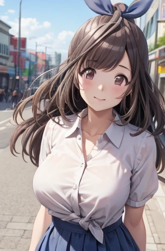 koganetsukioka, kogane tsukioka, (brown eyes:1.5), brown hair, hair tie, ponytail, BREAK bare legs, blue skirt, collarbone, collared shirt, miniskirt, shirt, short sleeves, skirt, tented shirt, tied shirt, tight clothes, tight shirt, white shirt, wing collar, BREAK looking at viewer, BREAK outdoors, BREAK (masterpiece:1.2), best quality, high resolution, unity 8k wallpaper, (illustration:0.8), (beautiful detailed eyes:1.6), extremely detailed face, perfect lighting, extremely detailed CG, (perfect hands, perfect anatomy),