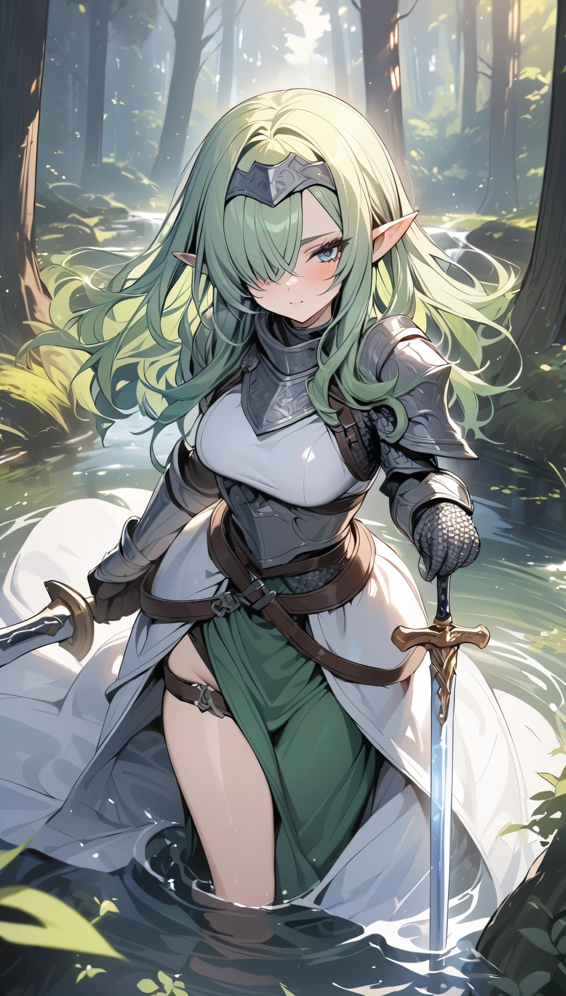 ((best quality)), ((masterpiece)), (detailed), 1lady, elf, green hair, wave hair, shiny hair, hair over one eye, forehead protector, pointy ears, Grip the sword, hold the sword, knight, Chainmail, at pond in forest