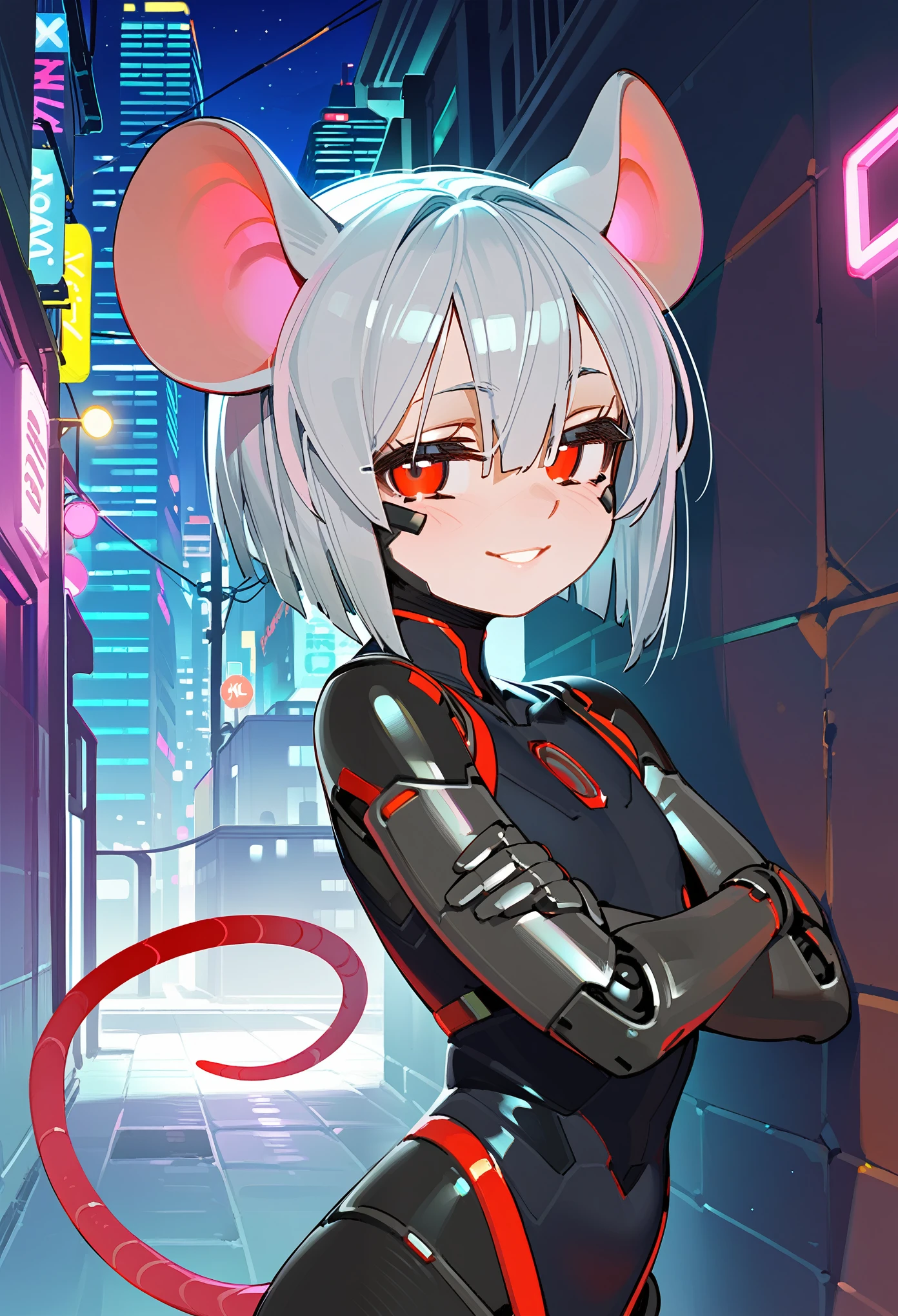 score_9, score_8_up, score_7_up, source_anime, outside, cyberpunk, city, night, sky, neon lights, cityscape, alley, side view, close-up, (hair between eyes:1.1), red eyes, half-closed eyes, smile, looking at viewer, solo, female, humanoid, mouse humanoid, tail, bob cut, metal hair, flat chested, black bodysuit, cybernetic arms, glowing, standing, against wall, crossed arms, robot features , 