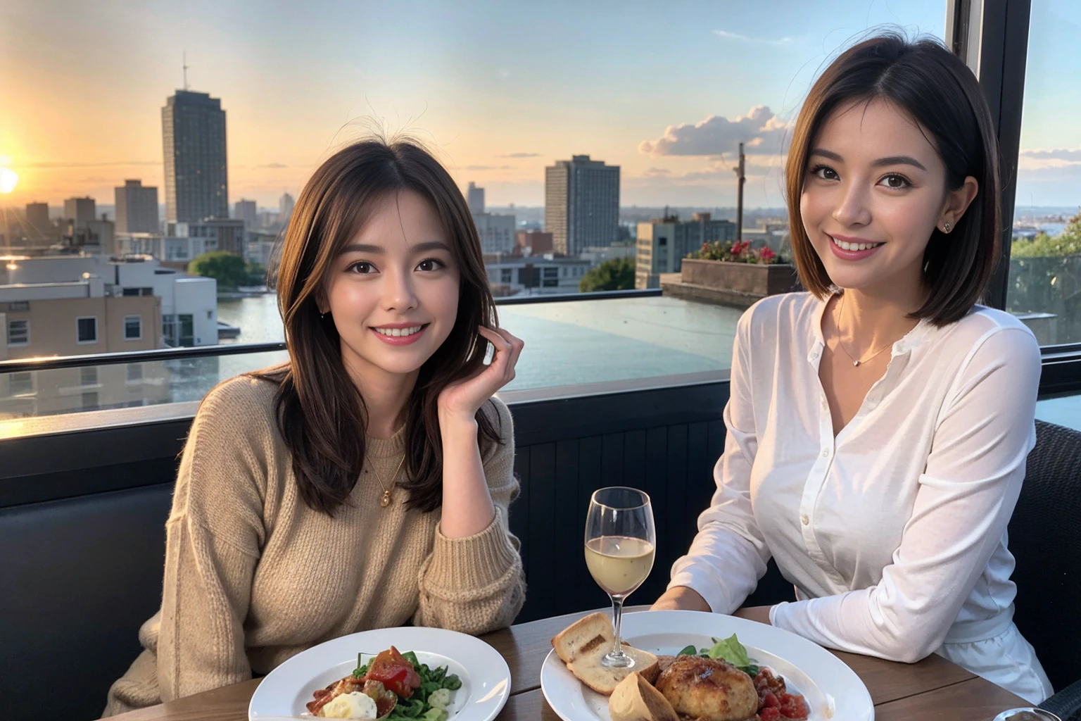 （Realistic:1.1）,(masterpiece,Highest quality)，8k,(44 years old), 47 years old, slimカップル、Model Couple、actress/actor、Tight waist,Upper Body,full-course dinner、wine 、Amazing view of the sunset sky and clouds、Perfect Anatomy, Brown Hair, short hair,Random Hairstyles,((Highly detailed face and eyes:1.2))(cute顔:1.4)，美しいactressの顔，Perfect golden ratio face，Long sleeve shirt、dress,(smile:1.2)、Shortcuts、cute、(Realistic, Intricate details:1.2), A bright smile、short hair,Bright Face、赤wine 、Appetizers、Italian food、wine bottle、Champagne、スパークリングwine、(slimな顔), (The body is slim), (Brown Hair), (Shortcuts),  Upper Body, 白wine, slim, wineグラス, 