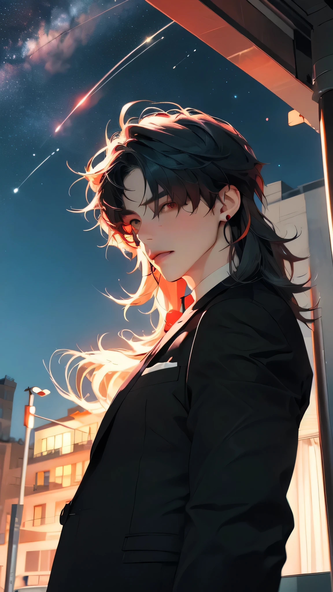 masterpiece, best quality, 1 boy, Male focus, Blade \(Collapse: Star Trails\), Red Eyes, Bangs, hair Bangs covered one eyes, earrings, Business suit, Upper Body, Looking at the audience, outdoor, building, night, starry night, Professional Illustration, Hiring, 