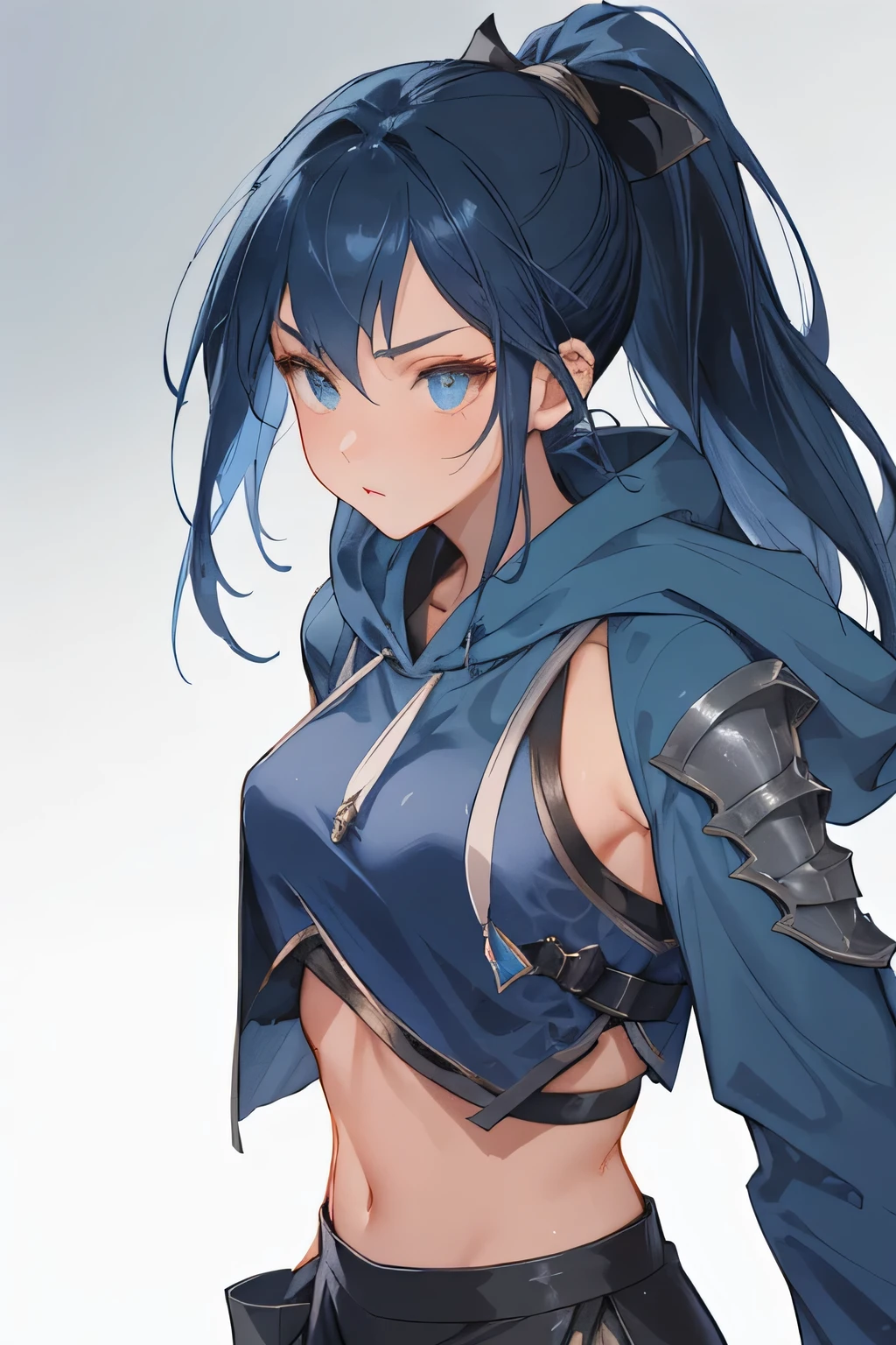 Kitana from Mortal Kombat 1, Make her face Arknights style looks like face, sharp slanted eyes, tounge out,tounge,Ponytail dark hair, shoulder long hair,the outfit are dark blue street wear colour,crop top oversized hoodie + cargo shortpants street wear, holding chinese traditional fan and blade, 1girl, soft blue one colour background