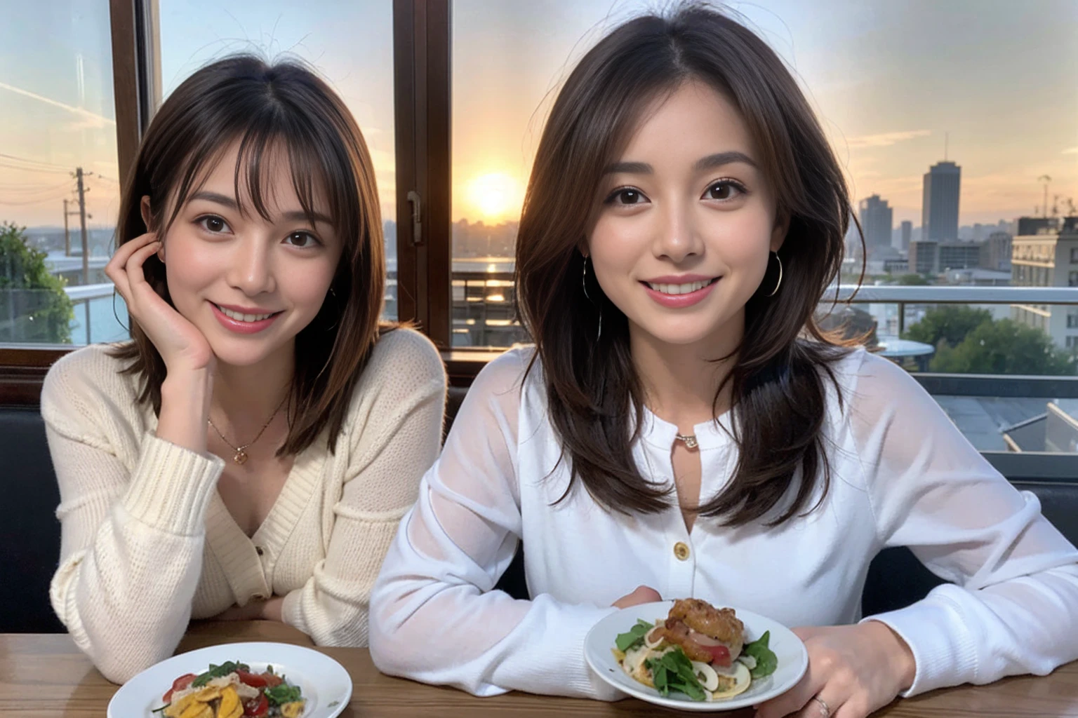 (Realistic:1.1),(masterpiece,Highest quality),8k,(44 years old), 47 years old, slimカップル、Model Couple、actress/actor、Tight waist,Upper Body,full-course dinner、wine 、Amazing view of the sunset sky and clouds、Perfect Anatomy, Brown Hair, short hair,Random Hairstyles,((Highly detailed face and eyes:1.2))(cute顔:1.4),美しいactressの顔,Perfect golden ratio face,Long sleeve shirt、dress,(smile:1.2)、Shortcuts、cute、(Realistic, Intricate details:1.2), A bright smile、short hair,Bright Face、赤wine 、Appetizers、Italian food、wine bottle、Champagne、スパークリングwine、(slimな顔), (The body is slim), (Brown Hair), (Shortcuts), Upper Body, 白wine, slim, wineグラス,