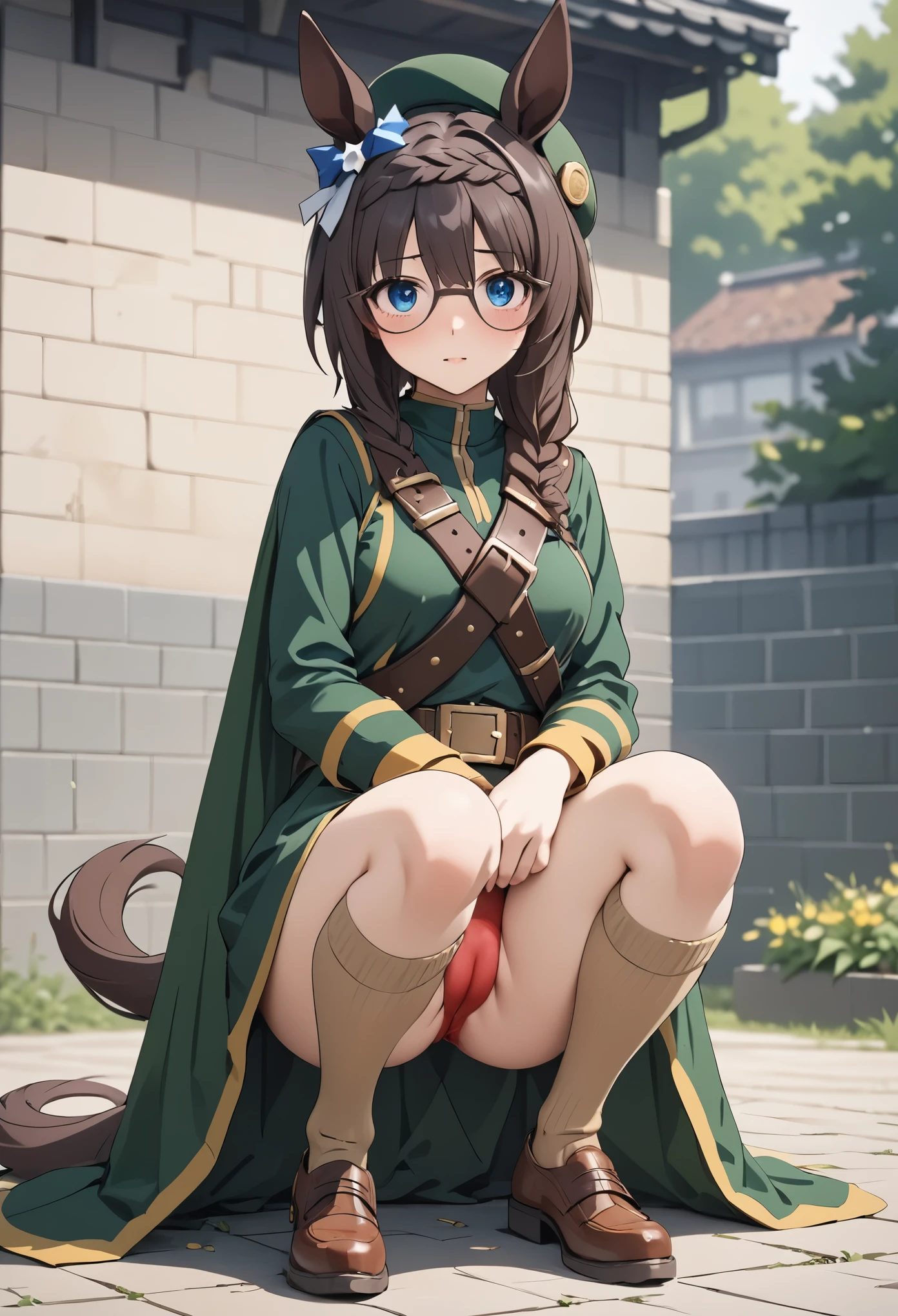 1girl,ZennoRobRoy\(umamusume\),horse tail,horse ears, intricate deepgreen wizard's long cort, muffler, green beret, intricate gold ornament belt, darkgreen dress, long skirt, beige socks, shoes,(squatting).front view,straight-on,i can see red latex panties,((cameltoe)),sincos,ai-generated,,beautiful eyes,masterpiece,best quality,highres,4k,8k,Sincos,Cute,Anime,Artist