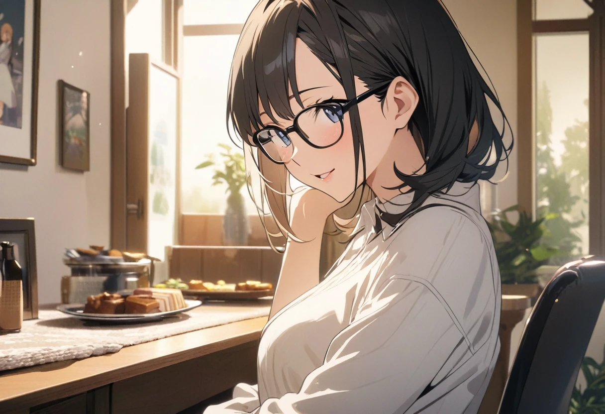 (high resolution,high quality)anime、Beauty with glasses、Stylish、In a beautiful house、I&#39;m working on a computer