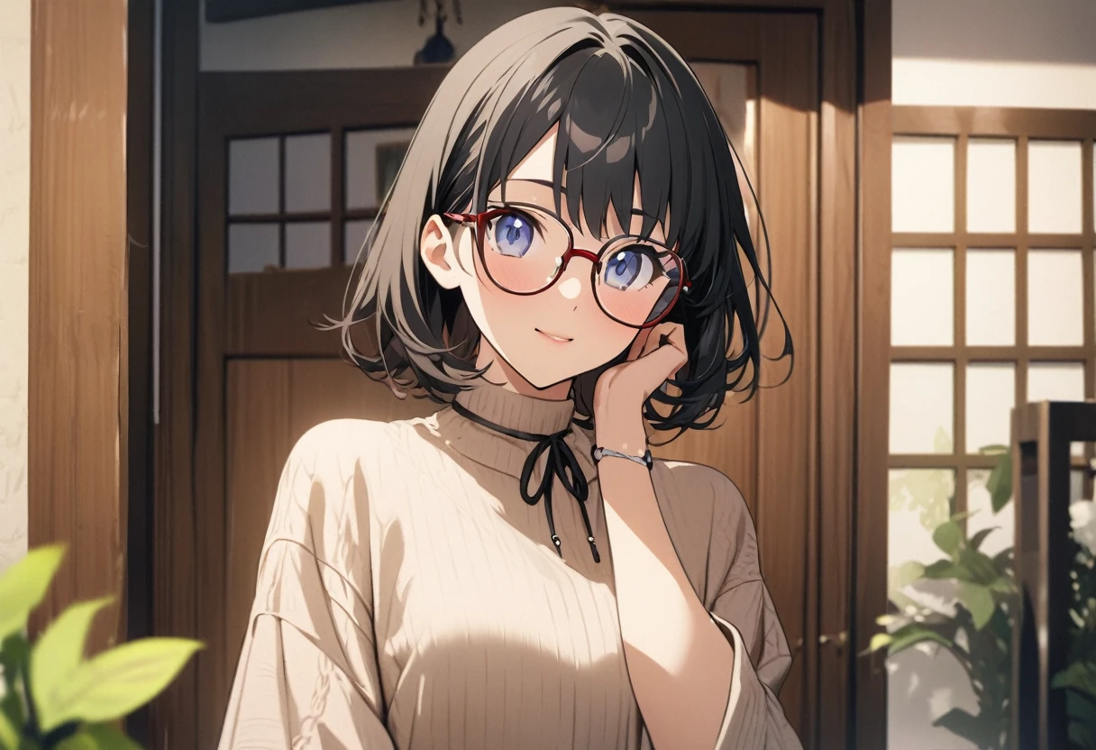 (high resolution,high quality)anime、Beauty with glasses、Stylish、In a beautiful house、I'm working on a computer