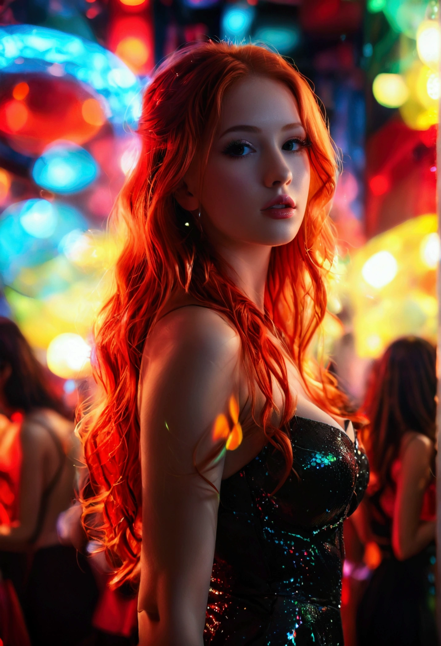 ultrarealistic, photography, long red hair, girl, 24 years old, hourglass figure, perfect body, natural medium breasts, extremely detailed artgerm, in the style artgerm, lens 35 mm, blur background, in a crowded club, neonlights, dancing, wearing a shiny red dress and black elegant high heels, (wide angle) (full body shot) (picture from the front) (frontal)