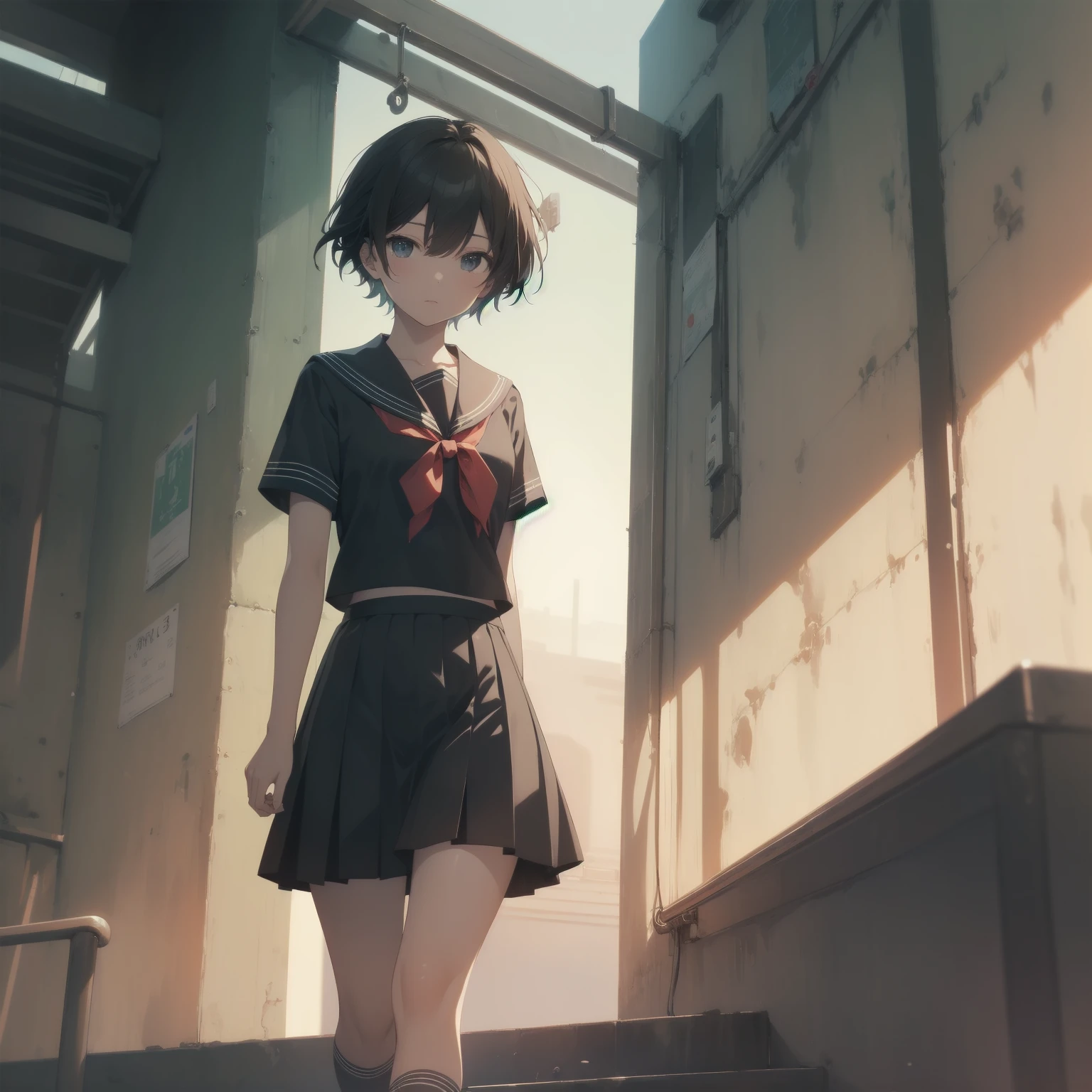 ultra-absurdres-Top quality by artist God, ultra-detailed, high resolution, anime moe artstyle, best anime 8k konachan wallpaper, pixiv contest winner, pool:2810, perfect anatomy,break, 1girl, (Please draw a girl walking sleepily to school alone. )break,(Solo,little female, 13-year-old:1.3),Full limbs, complete fingers,a junior high school student, (very short hair), short cut, flat chest, , small butt, small black eyes, beautiful detailed eyes, well-proportioned iris and pupils, expressive eyes, highres detailed hair, soft expression, salor school_uniform, sailor collar, serahuku, bow, pleated skirt,(Detailed Lighting), (Detailed background), in the School commute route. break,super detailed skin, Best cinematic lighting powered by famous artist, 8k,beauty illustration,photoshop_(medium),very aesthetic,break,((artist:anti_(untea9) )), artist:clamp ,artist:carnelian ,artist:kantoku ,