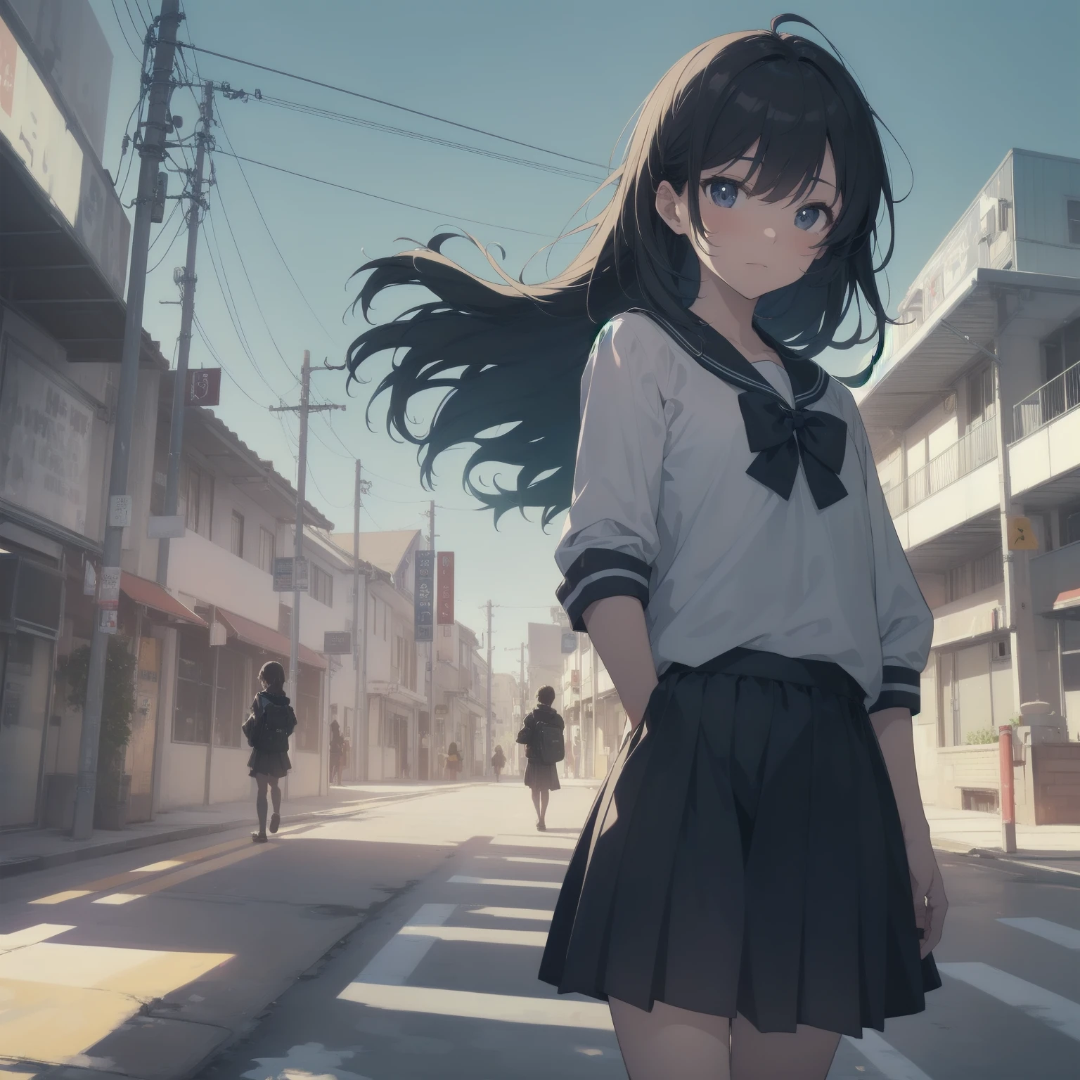 ultra-absurdres-Top quality by artist God, ultra-detailed, high resolution, anime moe artstyle, best anime 8k konachan wallpaper, pixiv contest winner, pool:2810, perfect anatomy,break, 1girl, (Please draw a girl walking sleepily to school alone. )break,(Solo,little female, 13-year-old:1.3),Full limbs, complete fingers,a junior high school student, (very short hair), short cut, flat chest, , small butt, small black eyes, beautiful detailed eyes, well-proportioned iris and pupils, expressive eyes, highres detailed hair, soft expression, salor school_uniform, sailor collar, serahuku, bow, pleated skirt,(Detailed Lighting), (Detailed background), in the School commute route. break,super detailed skin, Best cinematic lighting powered by famous artist, 8k,beauty illustration,photoshop_(medium),very aesthetic,break,((artist:anti_(untea9) )), artist:clamp ,artist:carnelian ,artist:kantoku ,
