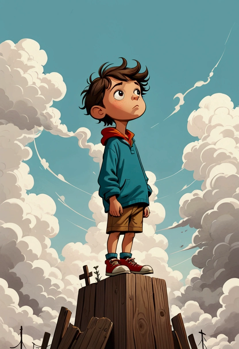 Ewa Poklewska-Koziełło in style of Mike Azevedo，Cartoon graffiti ， boy standing on a wooden stake looking into the distance，White Cloud，Fear of heights，whole body, Solid color background