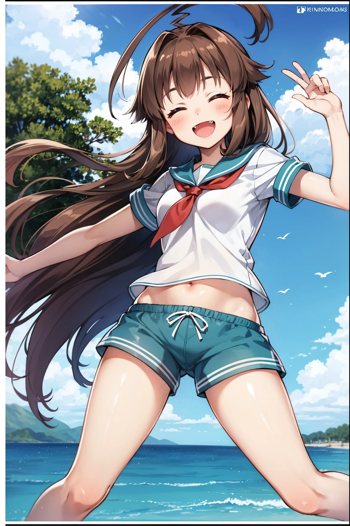 1young__ girl,  brown_hair, long_hair, sailor_uniform,white_ baggy_shorts, short_sleeve, thighs, small_breasts, big_smile, open_mouth, fang, harbor_landscape_background, slightly_spread_legs, happiness, covered_crotch,ahoge,XD,exciting_posing,jumping,closed_eyes