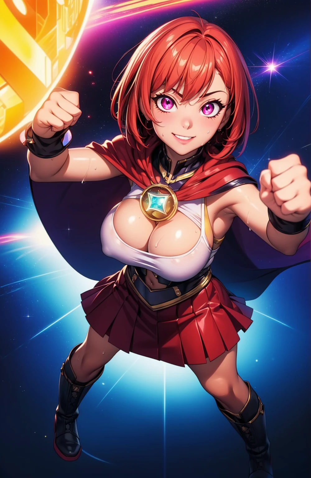 better fist, hand, Digital painting of flying fresh girl with royal white mixed red middle short hair, super hero, muscle girl, highschool skirt, pose, fist up, (1knee up), ((from above)), Behance Contest Winner, afrofuturism, Synthwave, neon, glowing neon, ((sagging massive breasts)), cape, boots, sweat, glossy silky skin, smile, in space, Surrounded by a shining aura. Outer space background, Severe. masterpiece, Highest quality, employment. Diffraction Spikes, Particles of light.