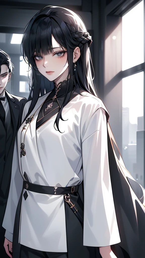 One Beautiful girl、unique long hairstyle 、 Black hair color , golden eyes、small face、anime makeup、"A girl with a cute and androgynous face"、white skin、cute eyes、Very thin eyebrows、tall、stylish black luxury fashion、stylish outfits 、、19 years old、British girl、Has a languid look、anger、Lower the corners of your mouth with no expression on your face、Photographed from the side diagonally、model photoshoot、masterpiece、highest quality、high resolution、luxurious 、glaring expression、korean makeup 、Cool photos、blurred black filter, black suit , arms tattoos、Various poses、rich , handsome girl, an expression of despair, lifeless eyes , mafia