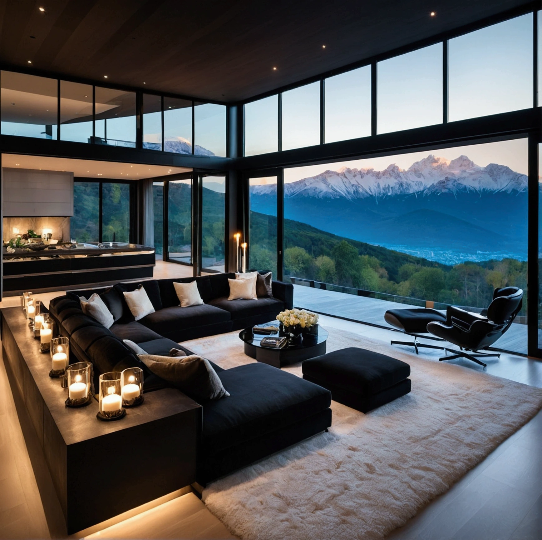 In the heart of a modern, luxurious home, an opulent bedrooms. Bed and closet. Sleeping area. Floor-to-ceiling windows frame breathtaking views of snow-capped mountains, bathing the dark, sleek interior in natural light. A black sectional sofa, plush and expansive, anchors the living area, facing a sleek black coffee table adorned with elegant glassware and candles. The minimalist design, dominated by dark tones and clean lines, is enhanced by integrated, subtle lighting, creating an atmosphere that is both dramatic and inviting. This is a sanctuary where modern architecture meets automotive excellence, set against the stunning backdrop of nature’s grandeur. space should be big. huge villa. no people in the picture.