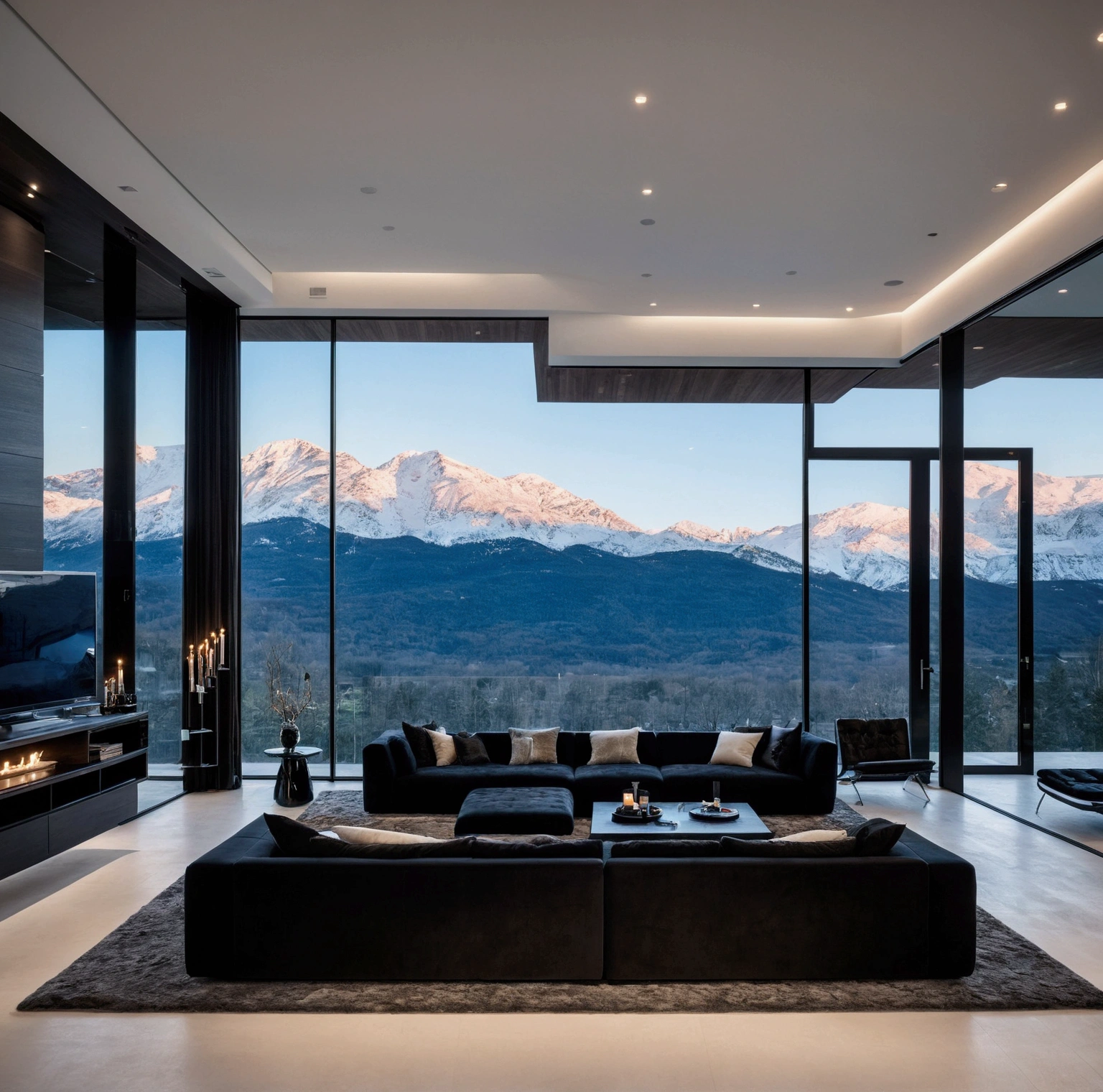 In the heart of a modern, luxurious home, an opulent bedrooms. Bed and closet. Sleeping area. Floor-to-ceiling windows frame breathtaking views of snow-capped mountains, bathing the dark, sleek interior in natural light. A black sectional sofa, plush and expansive, anchors the living area, facing a sleek black coffee table adorned with elegant glassware and candles. The minimalist design, dominated by dark tones and clean lines, is enhanced by integrated, subtle lighting, creating an atmosphere that is both dramatic and inviting. This is a sanctuary where modern architecture meets automotive excellence, set against the stunning backdrop of nature’s grandeur. space should be big. huge villa. no people in the picture. 