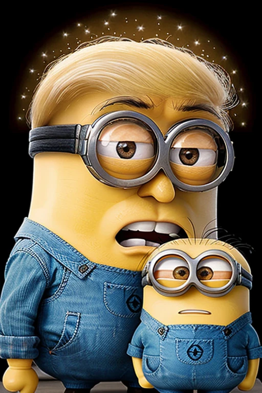 ((best quality)), ((masterpiece)), (detailed), Donald Trump with a minion as a brain, which is flooded with light.
