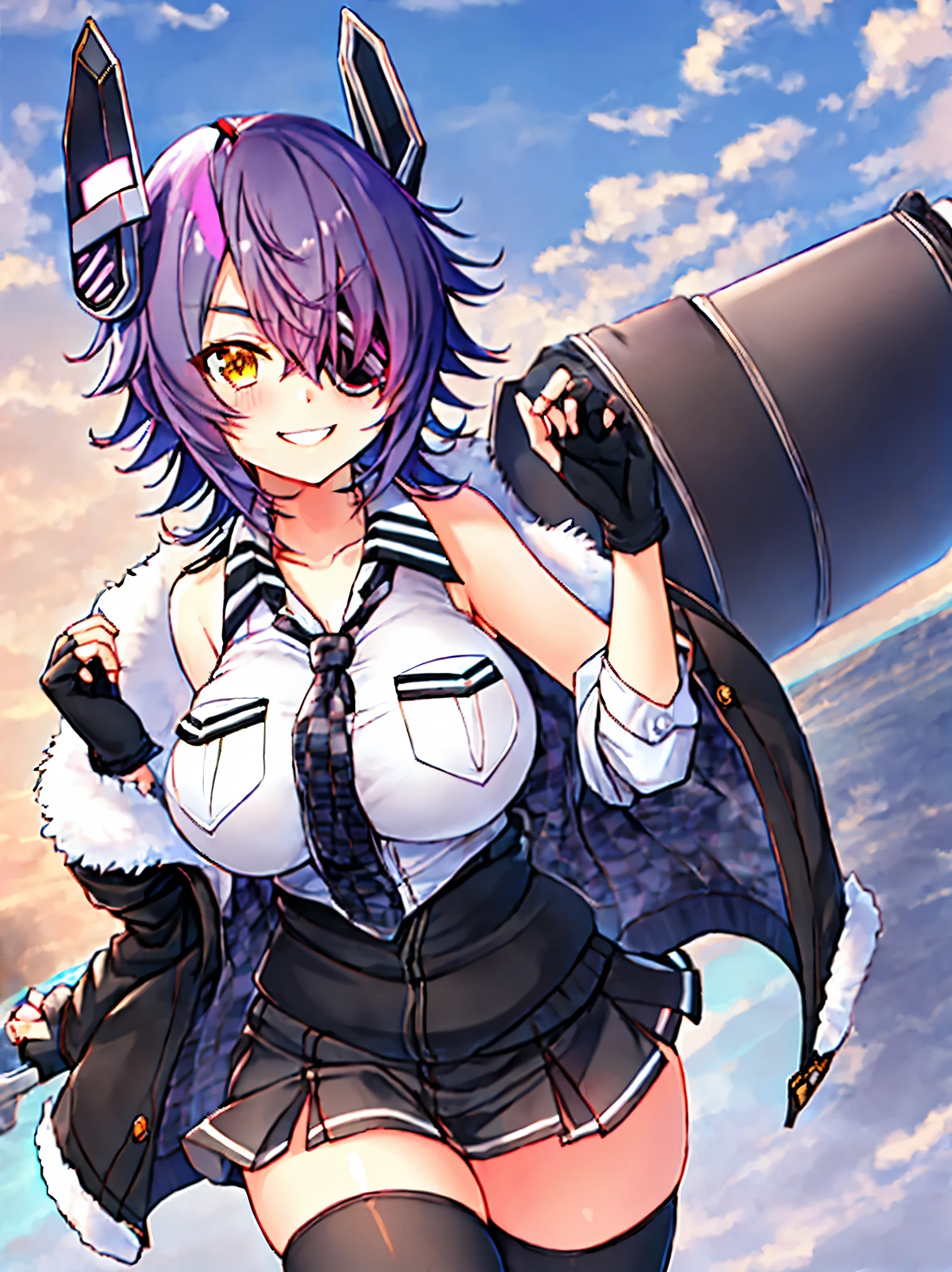 best quality, masterpiece, solo, {tenryuu_kantaicollection:1.}, teirl, eyepatch, short_hair, purple_hair, yellow_eyes, headgear, breasts, necktie, large_breasts, smile, 1girl, blush, checkered_necktie, hair_over_one_eye, shirt, collared_shirt, white_shirt, jacket, sleeveless, brown_eyes, fur-trimmed_jacket, fur_trim, collarbone, looking_at_viewer, pocket, breast_pocket, ,, messy_hair, black_gloves, gloves, partially_fingerless_gloves,harbor_road_landscape_background,outdoor,short_skirt,thigh-highs,boots,sunlight,from_below