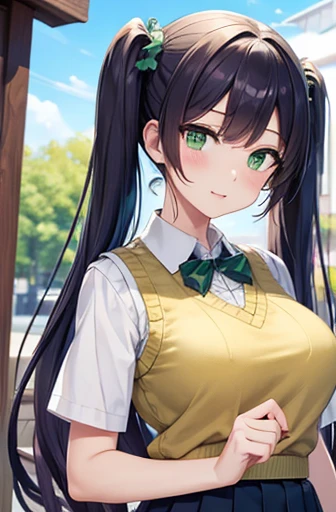 nozomitoujou, nozomi toujou, (green eyes:1.5), purple hair, twintails, low twintails, scrunchie, long hair, (large breast:1.2),
BREAK otonokizaka , pleated skirt, , short sleeves, skirt, summer uniform, sweater vest, yellow sweater vest,
BREAK looking at viewer,
BREAK outdoors, shrine,
BREAK (masterpiece:1.2), best quality, high resolution, unity 8k wallpaper, (illustration:0.8), (beautiful detailed eyes:1.6), extremely detailed face, perfect lighting, extremely detailed CG, (perfect hands, perfect anatomy),
