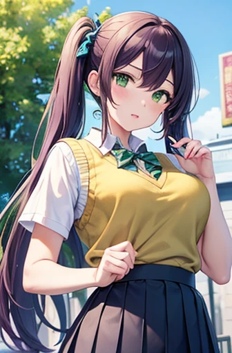 nozomitoujou, nozomi toujou, (green eyes:1.5), purple hair, twintails, low twintails, scrunchie, long hair, (large breast:1.2),
BREAK otonokizaka , pleated skirt, , short sleeves, skirt, summer uniform, sweater vest, yellow sweater vest,
BREAK looking at viewer,
BREAK outdoors, shrine,
BREAK (masterpiece:1.2), best quality, high resolution, unity 8k wallpaper, (illustration:0.8), (beautiful detailed eyes:1.6), extremely detailed face, perfect lighting, extremely detailed CG, (perfect hands, perfect anatomy),